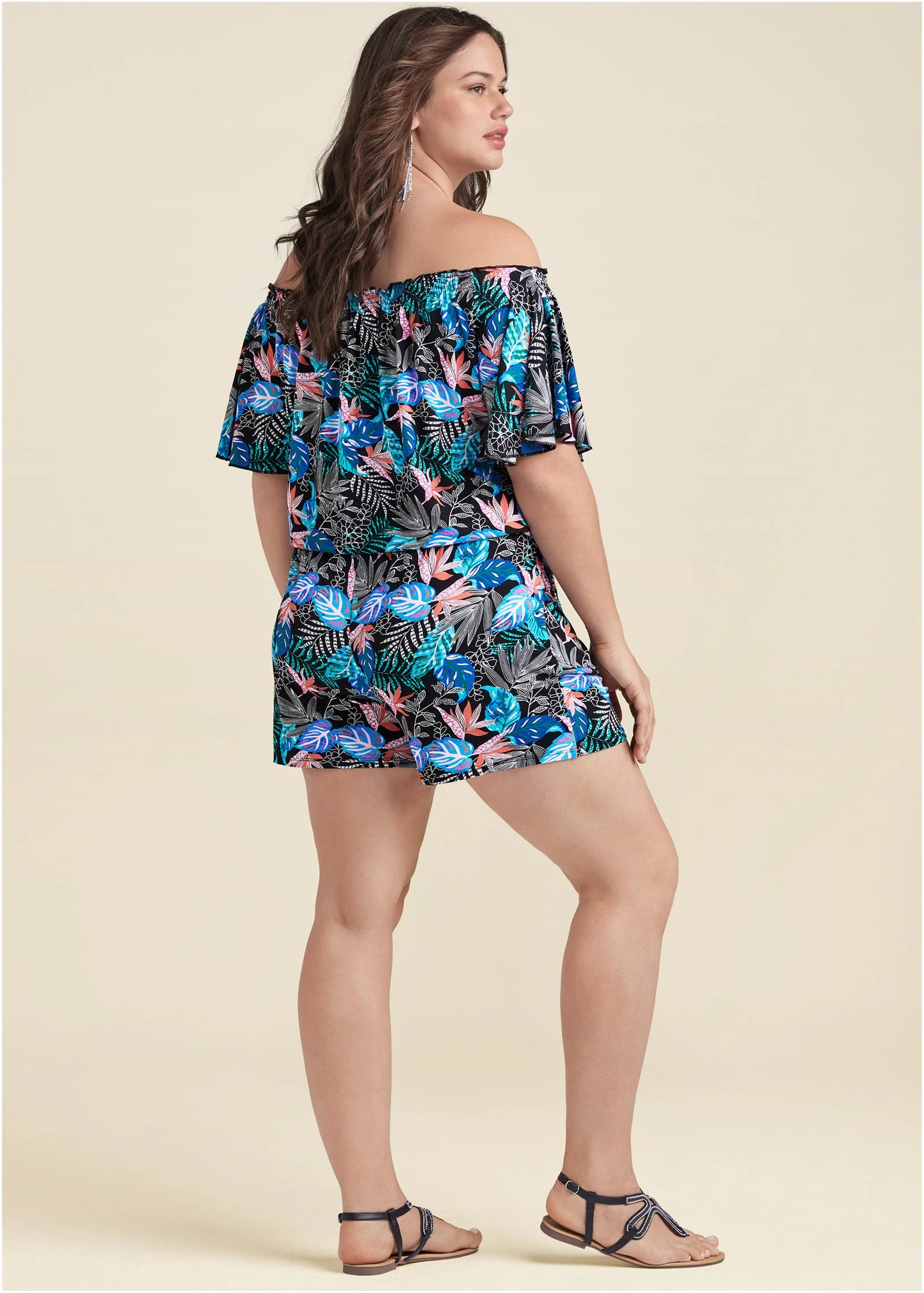 Bahamian Palm Off Shoulder Romper - Blue Multi - Image 10