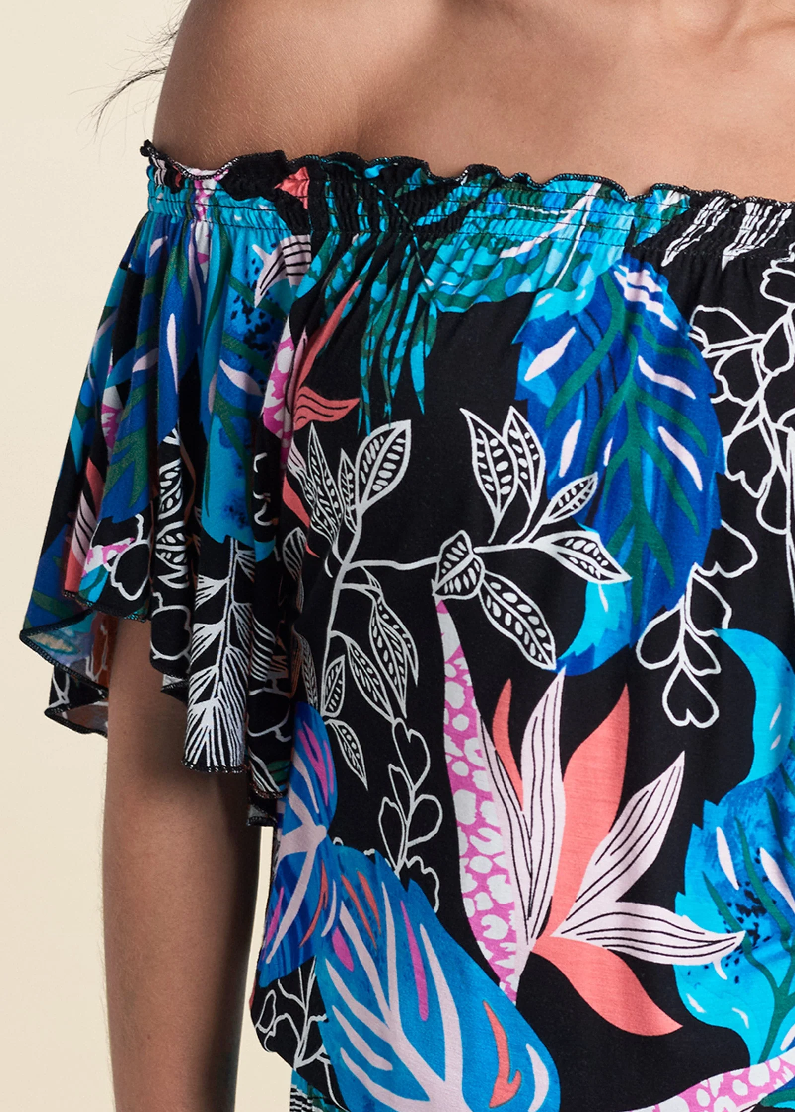 Bahamian Palm Off Shoulder Romper - Blue Multi - Image 4