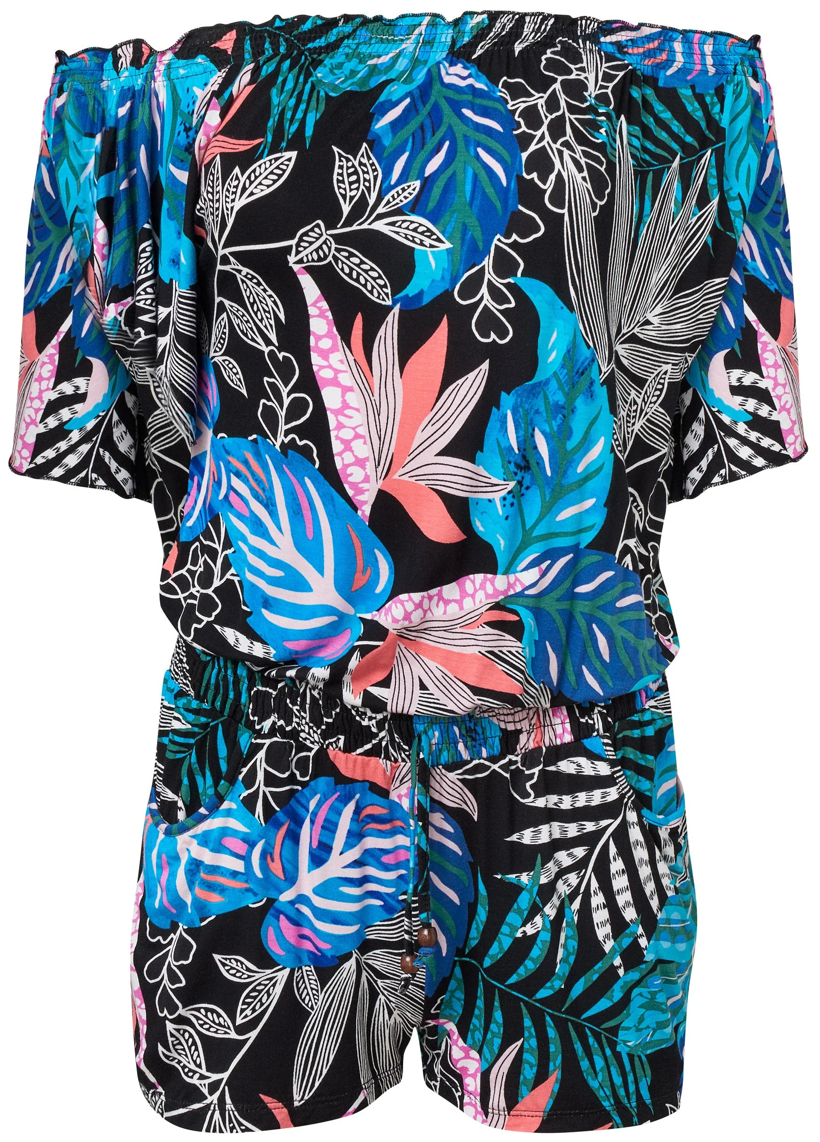 Bahamian Palm Off Shoulder Romper - Blue Multi - Image 6