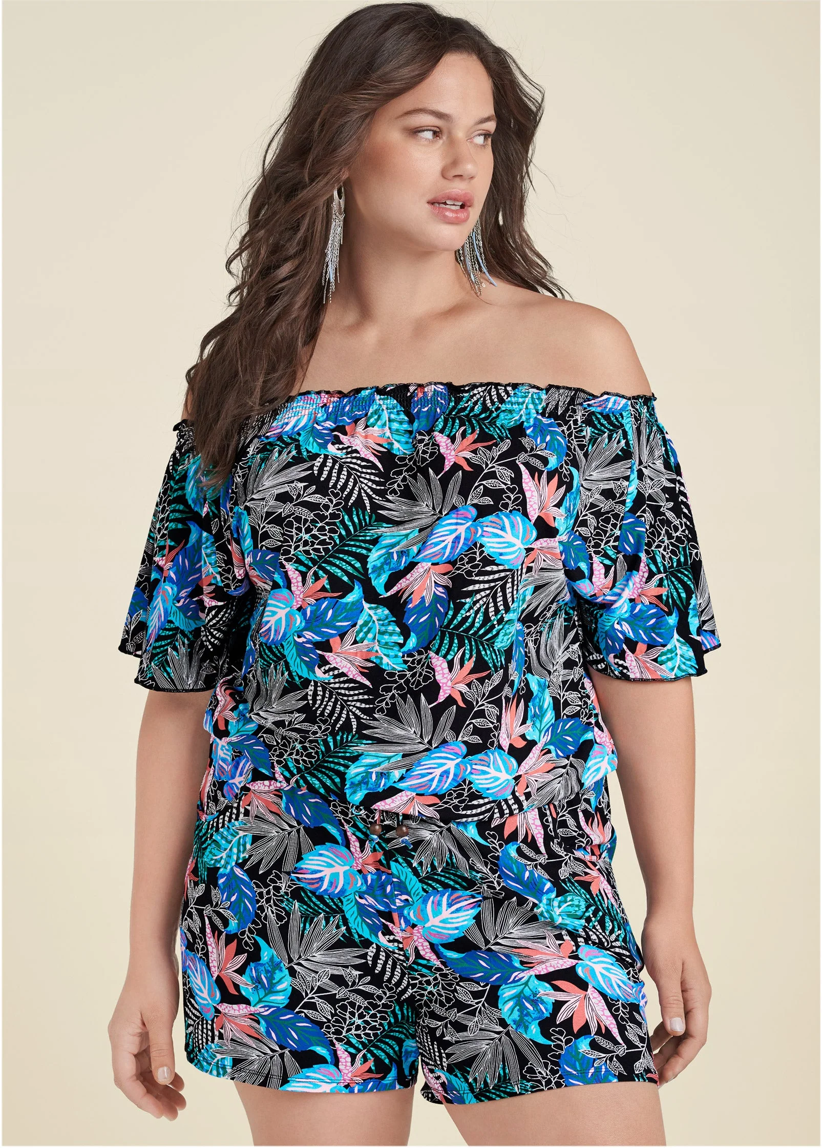 Bahamian Palm Off Shoulder Romper - Blue Multi - Image 8