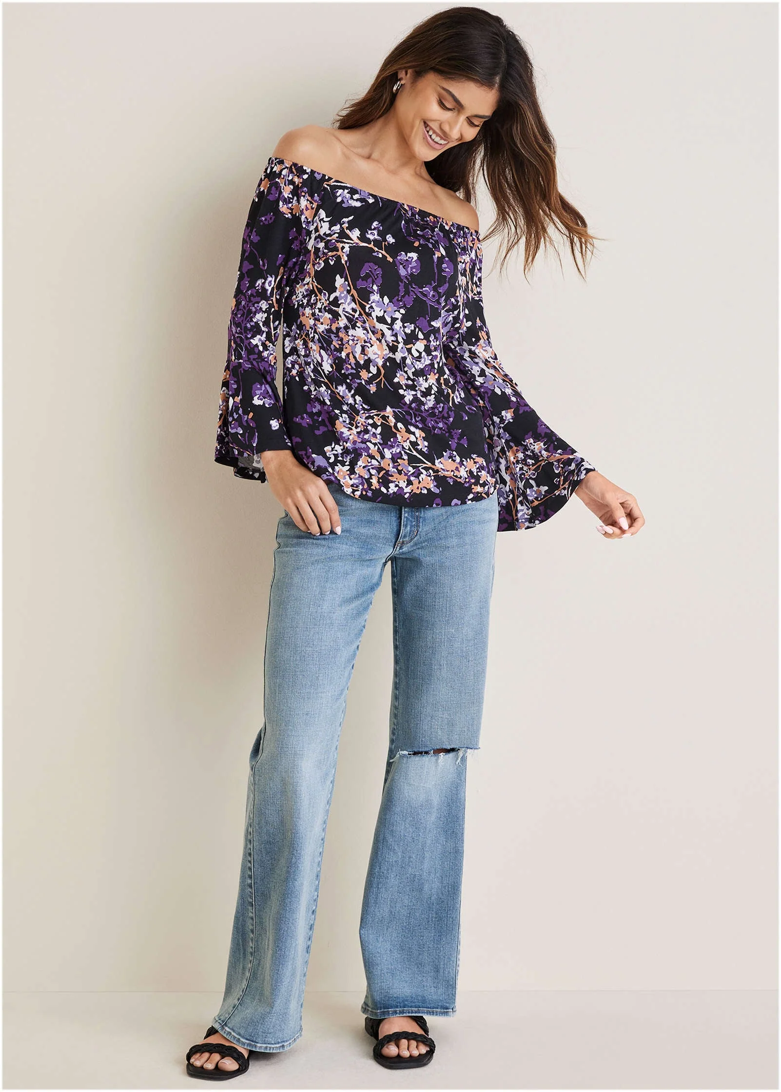 Bell Sleeve Printed Top - Purple Multi - Image 2