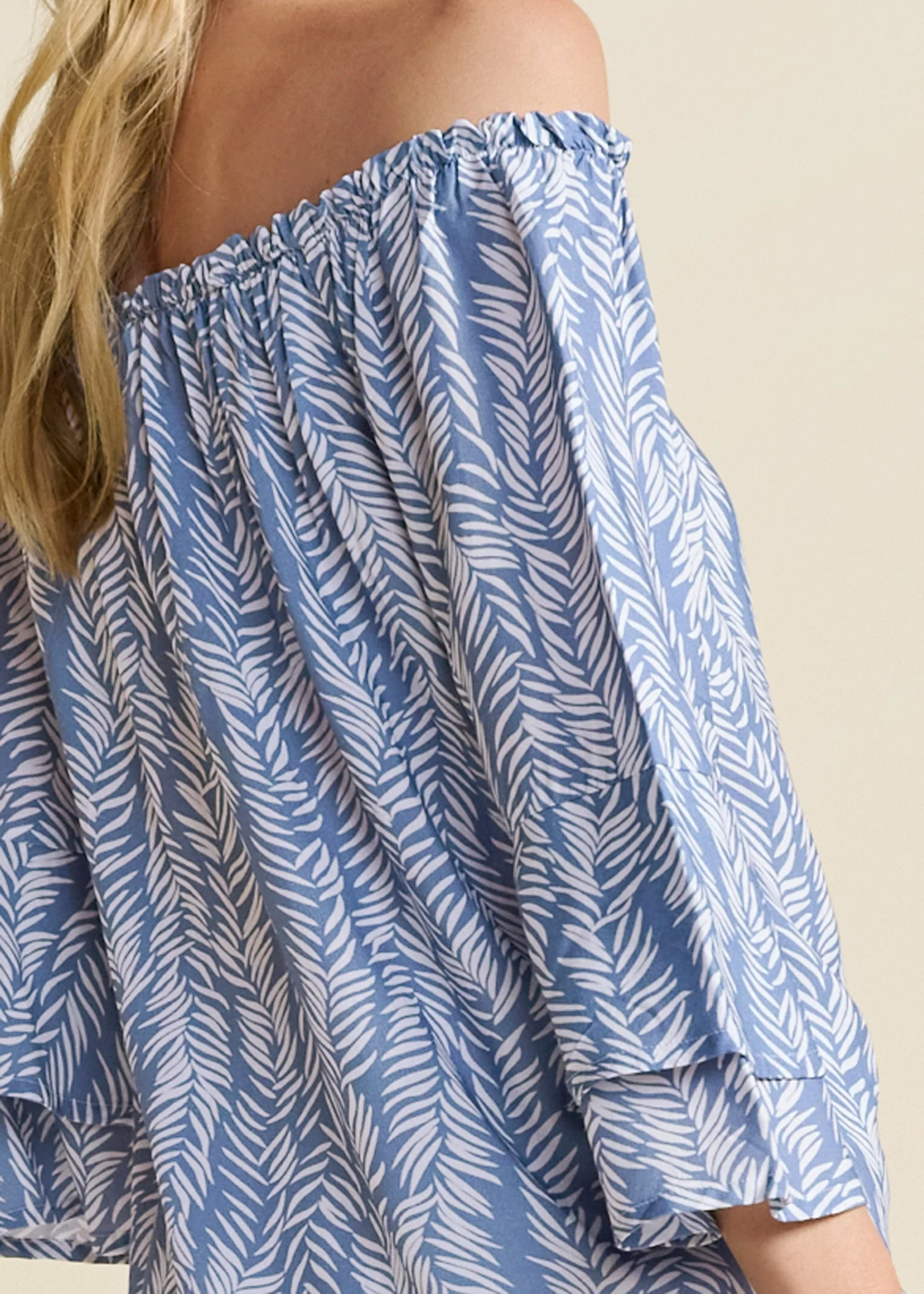 Off-The-Shoulder Printed Top - Blue & White - Image 5