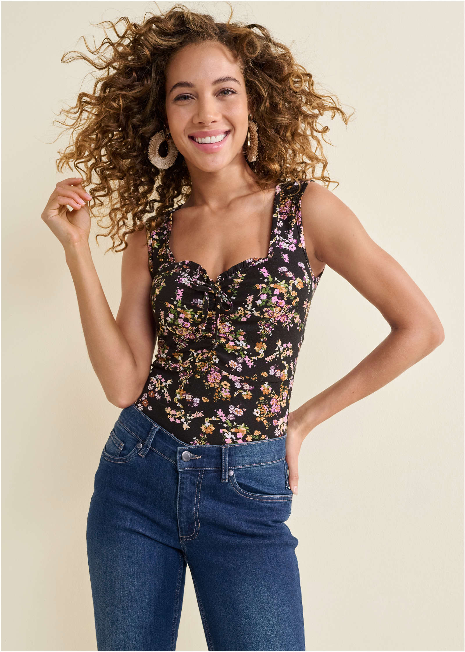 Tie-Front Floral Top - Black Multi - Image 2