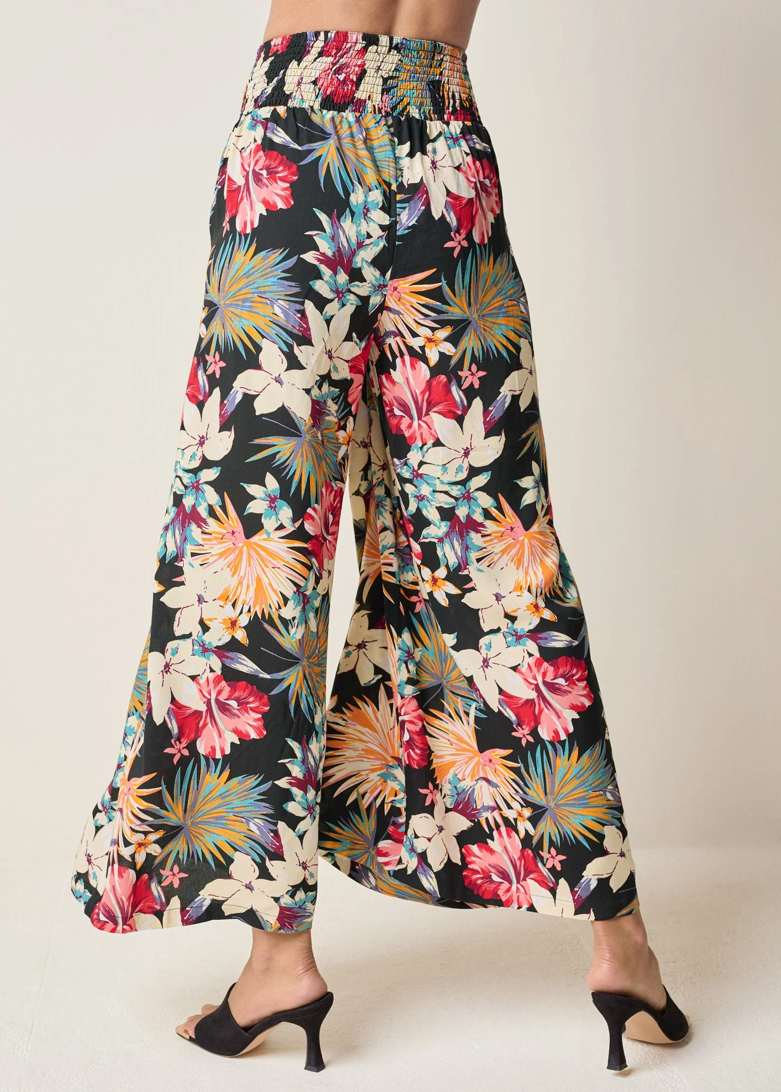 Smocked Waist Flared Pants - Black Multi - Image 3