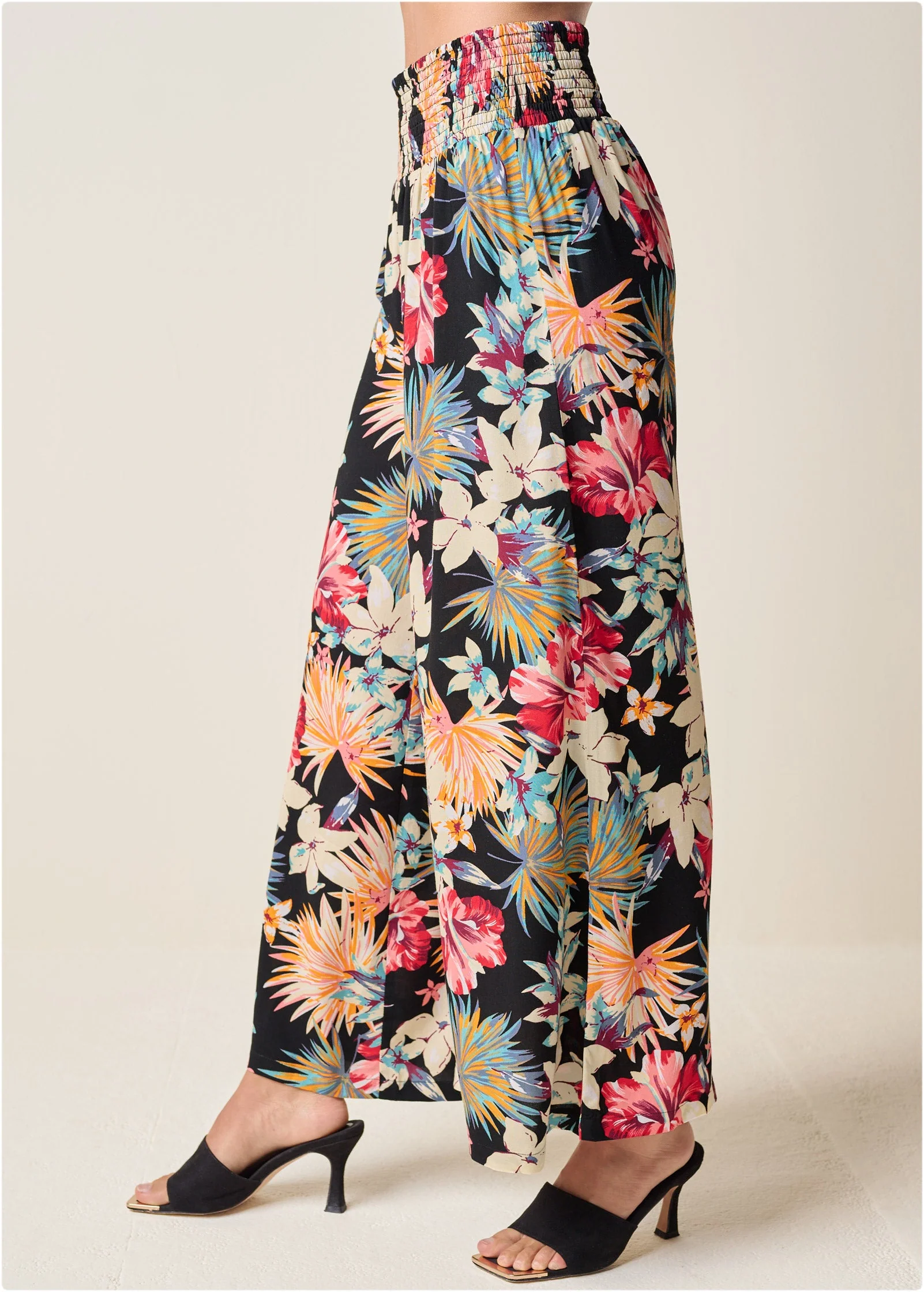 Smocked Waist Flared Pants - Black Multi - Image 4
