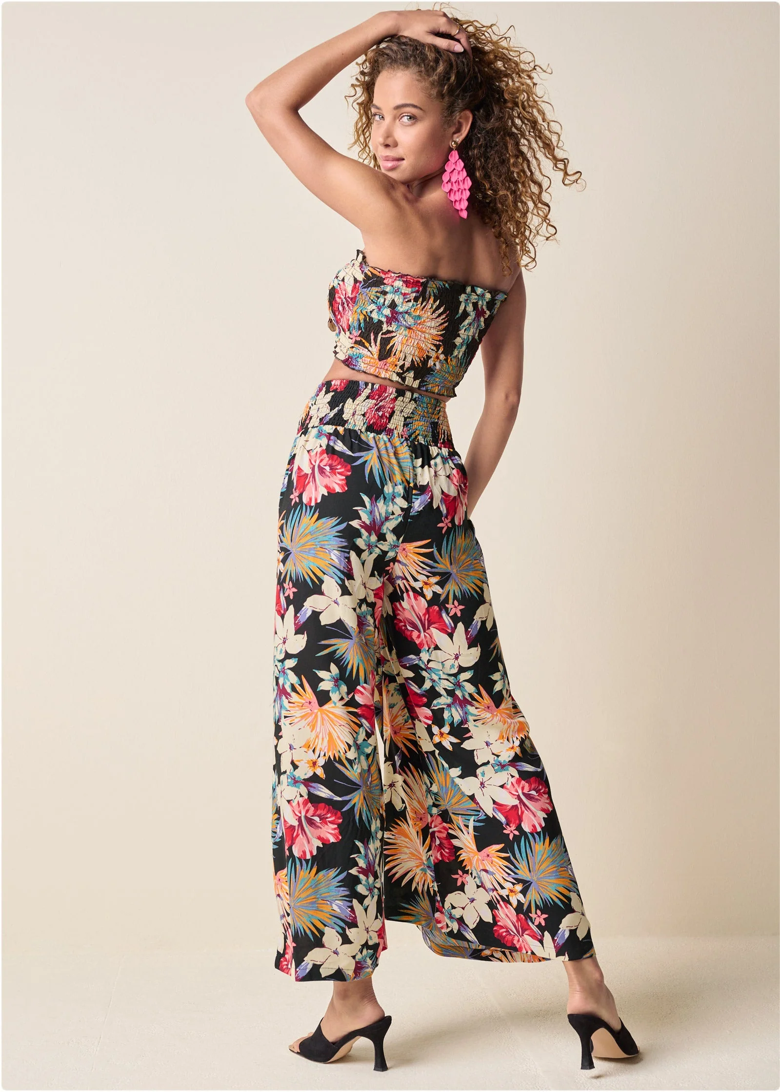 Smocked Waist Flared Pants - Black Multi - Image 6