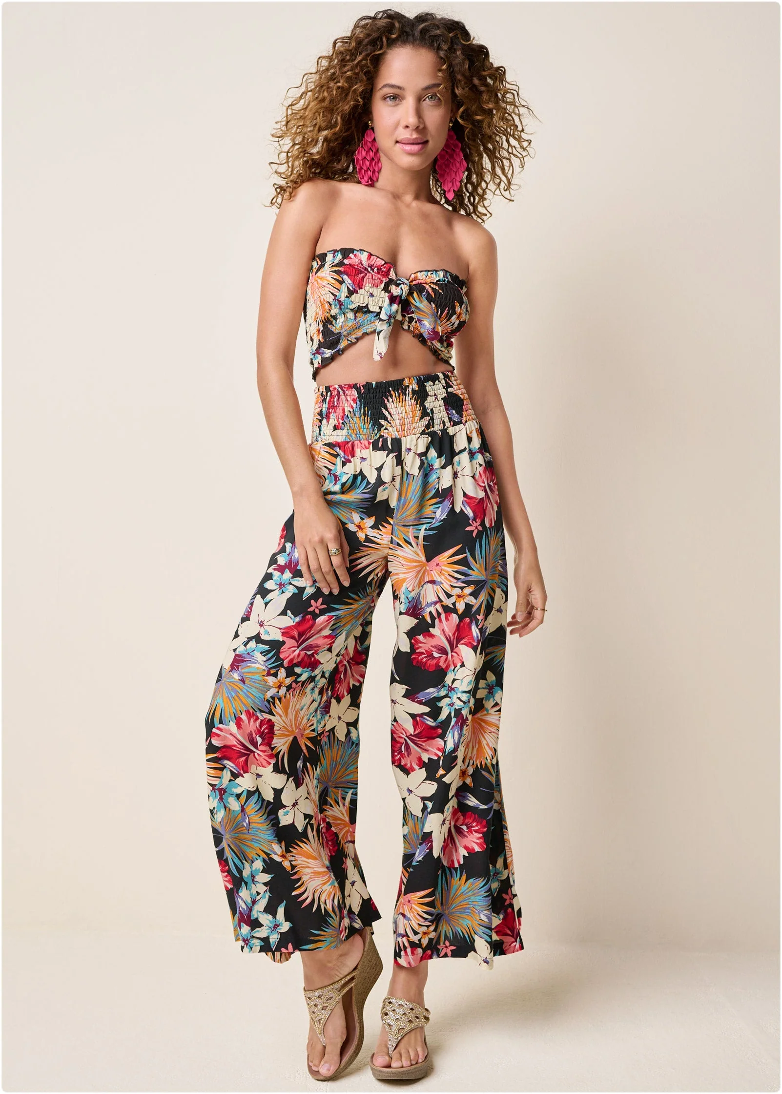Smocked Waist Flared Pants - Black Multi - Image 7