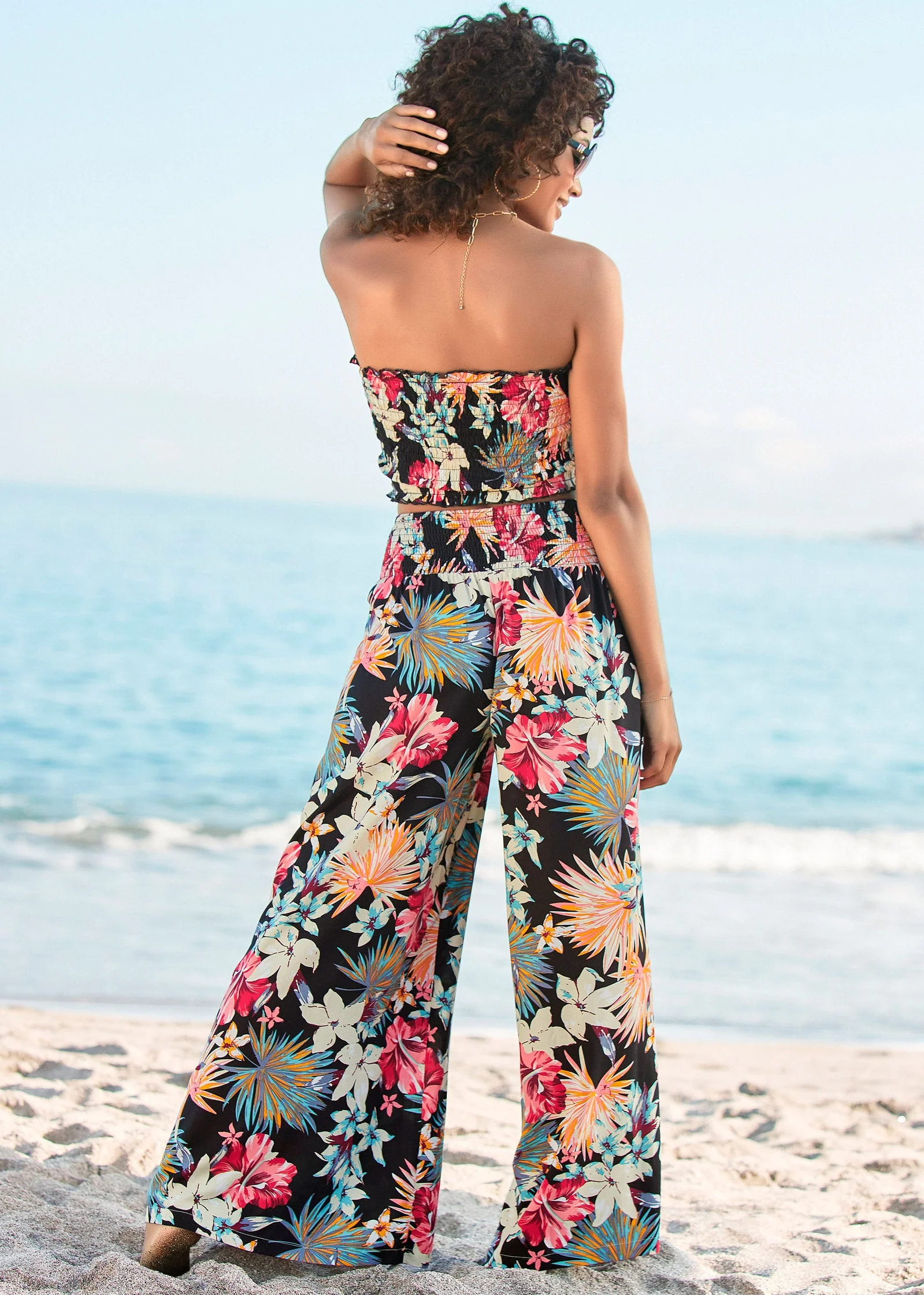 Smocked Waist Flared Pants - Black Multi - Image 8