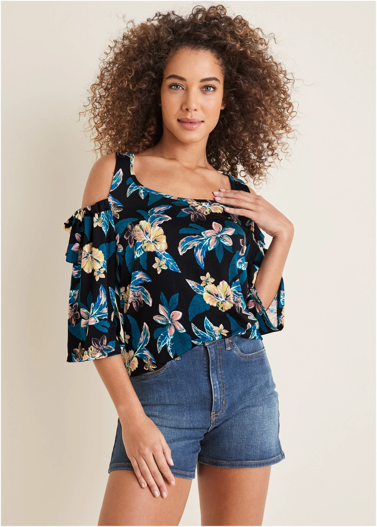 Printed Cold-Shoulder Top - Blue Multi - Image 2