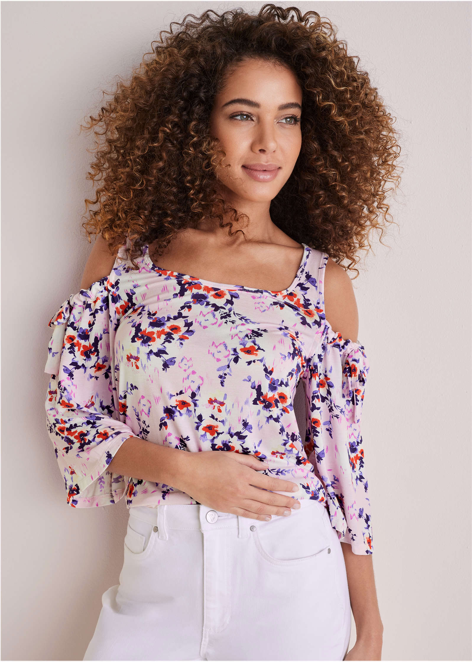 Printed Cold-Shoulder Top - Pink & Purple - Image 2