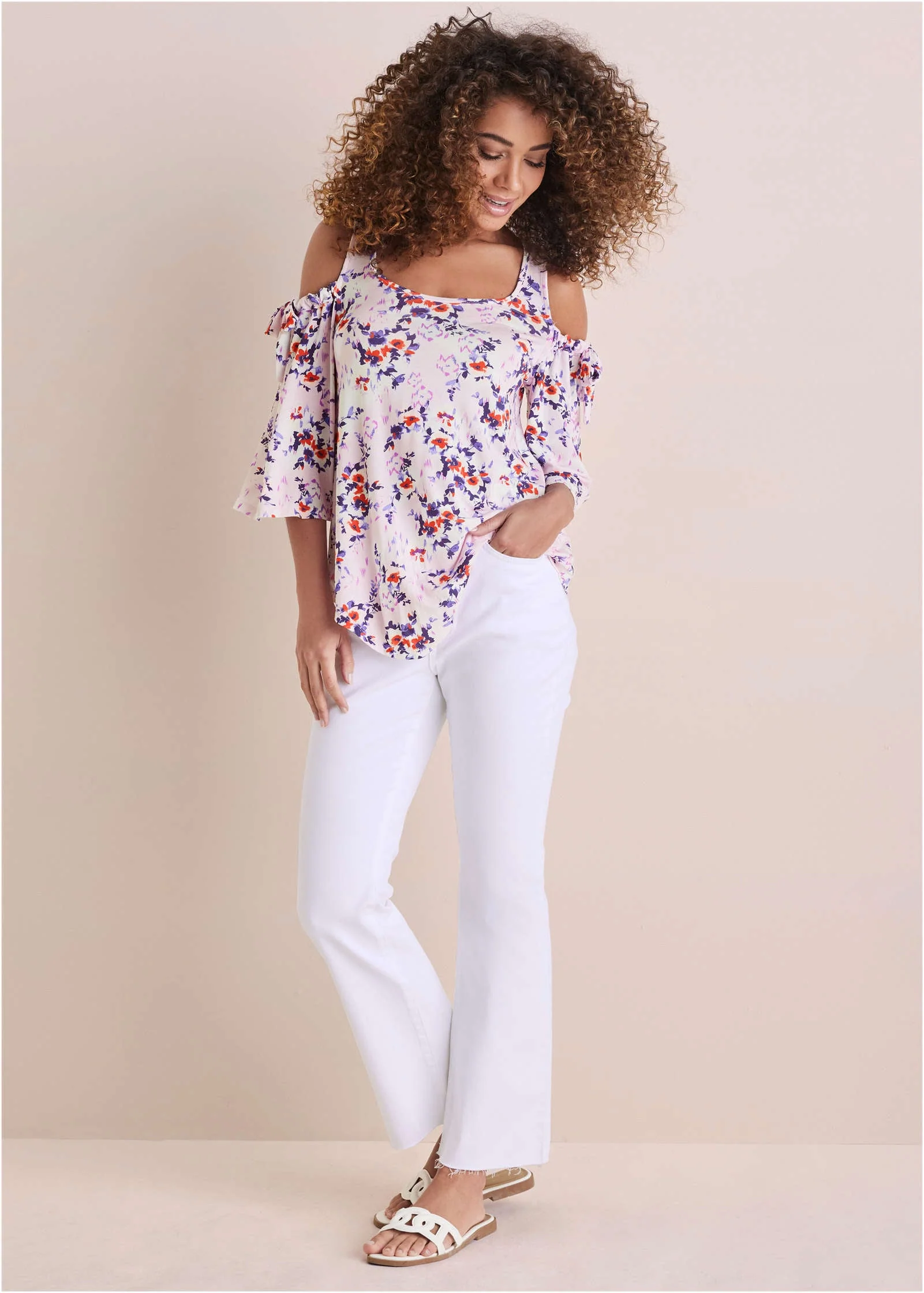 Printed Cold-Shoulder Top - Pink & Purple - Image 3
