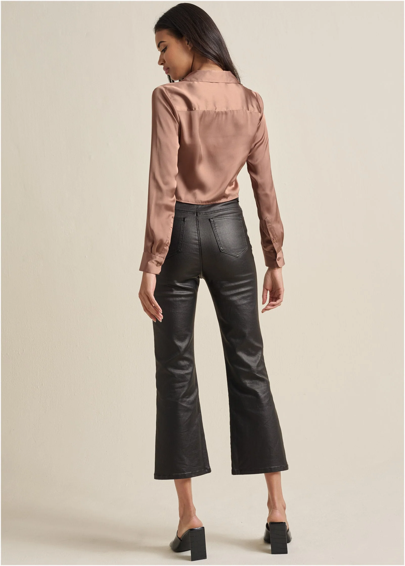 Satin Crop Blouse - Taupe - Image 2