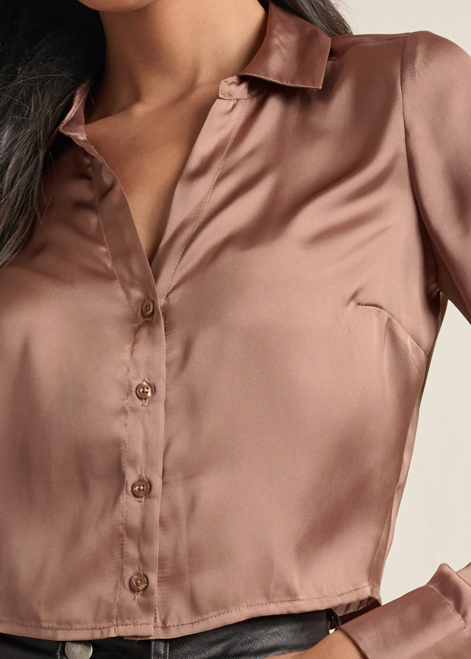 Satin Crop Blouse - Taupe - Image 3