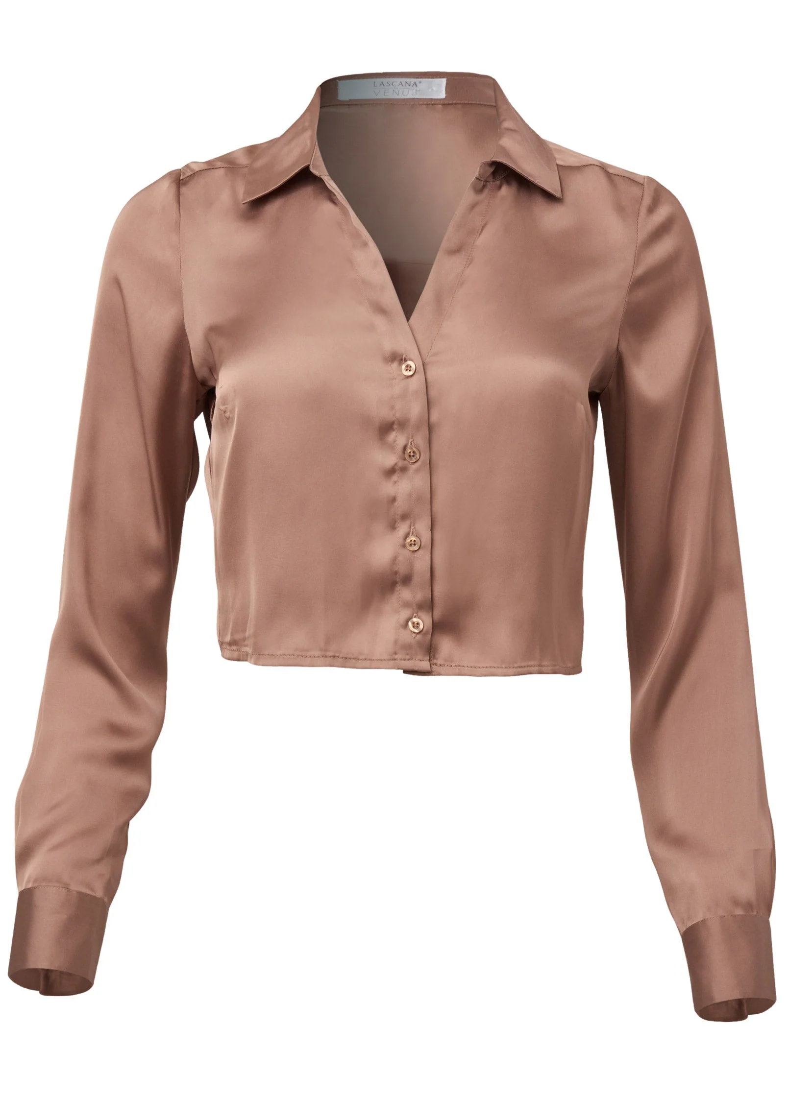 Satin Crop Blouse - Taupe - Image 5