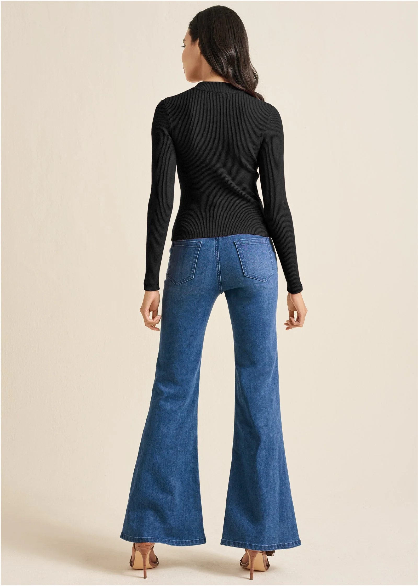 Ribbed Long Sleeve Top - Black - Image 2