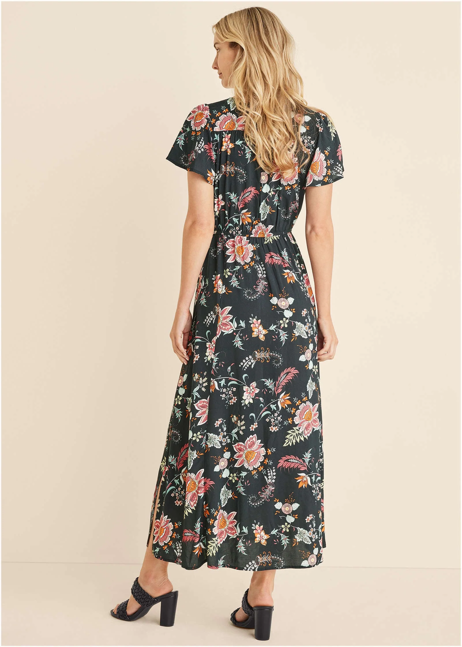 Abstract Print Maxi Dress - Black & Coral - Image 2