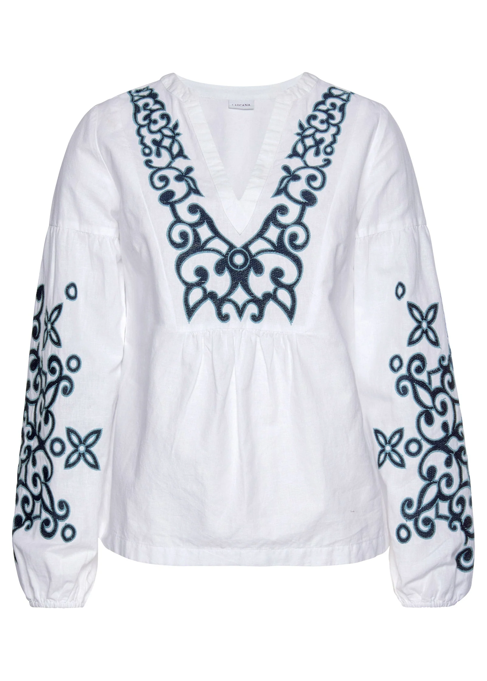 Embroidered V-Neck Blouse - Blue & White - Image 2