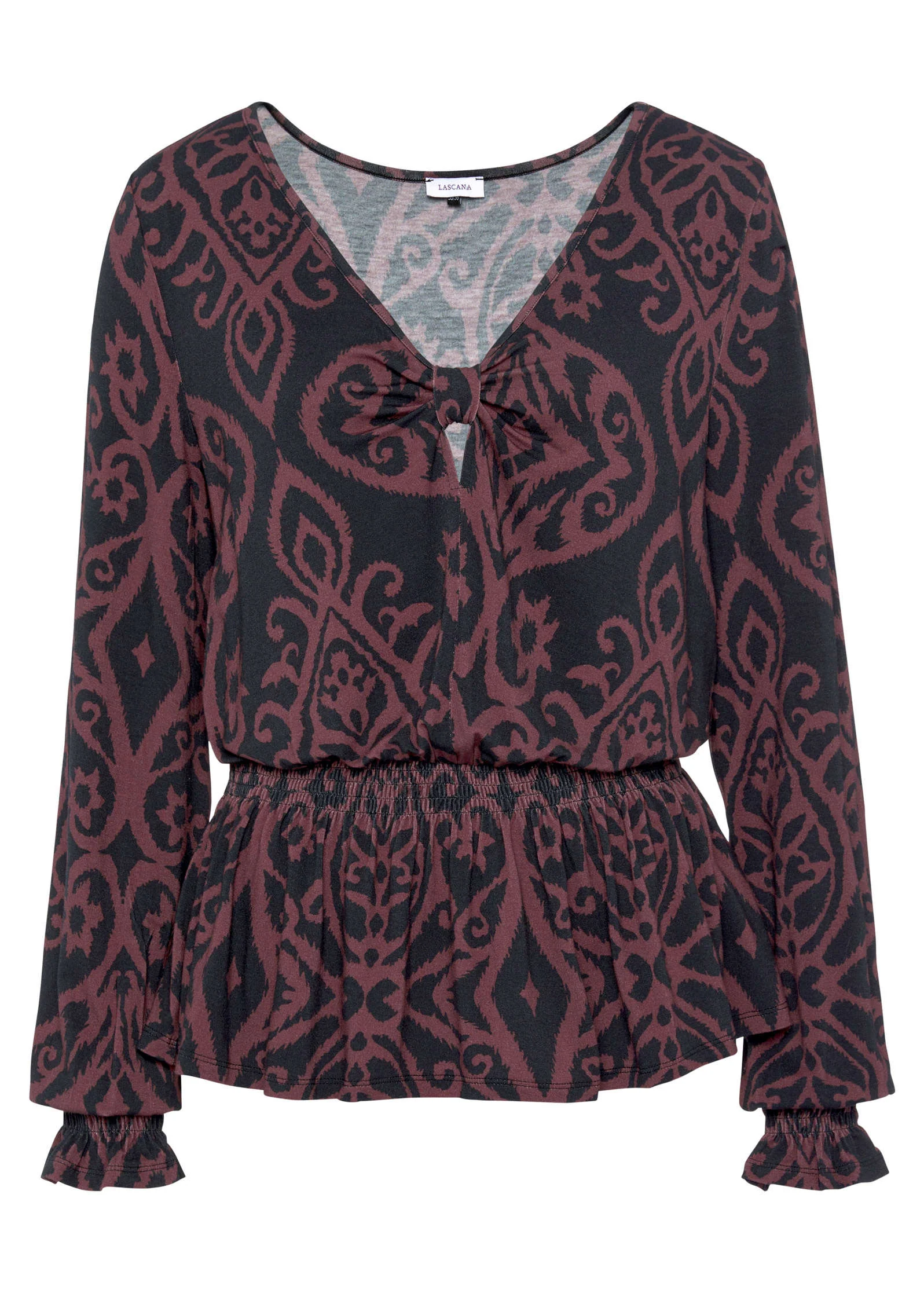 Long Sleeve V-Neck Blouse - Black & Burgundy - Image 3