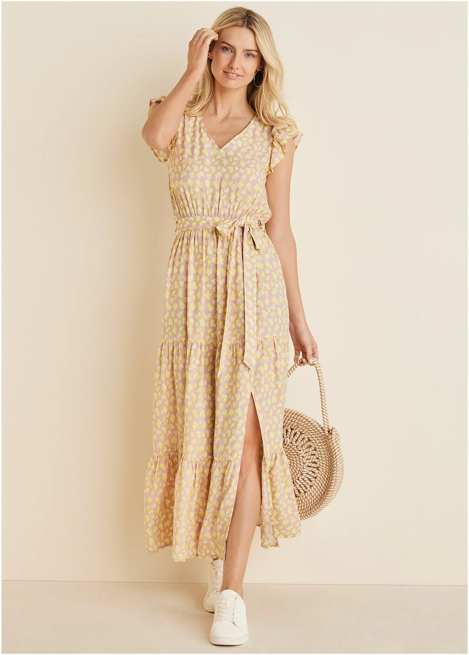 Flutter Sleeve Maxi Dress - Peach & White - Image 2