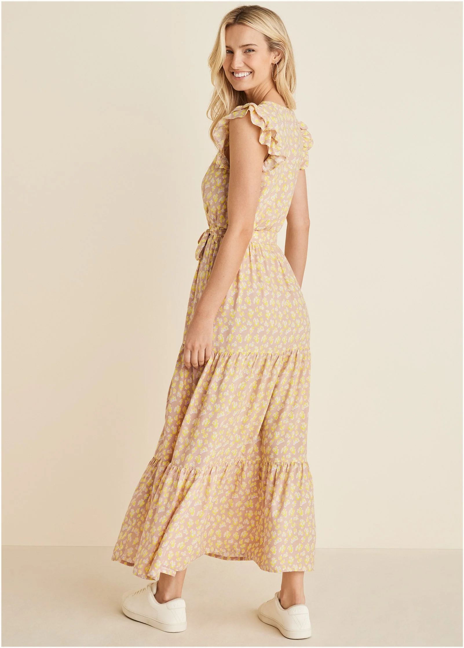 Flutter Sleeve Maxi Dress - Peach & White - Image 3