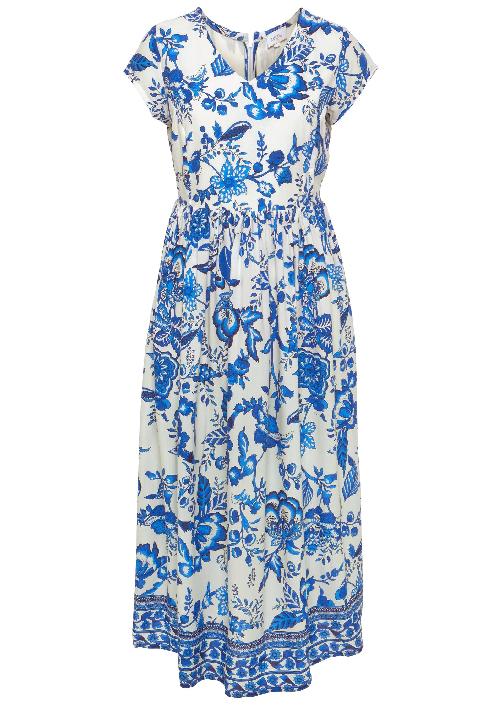 Floral V-Neck Midi Dress - Blue & White - Image 2