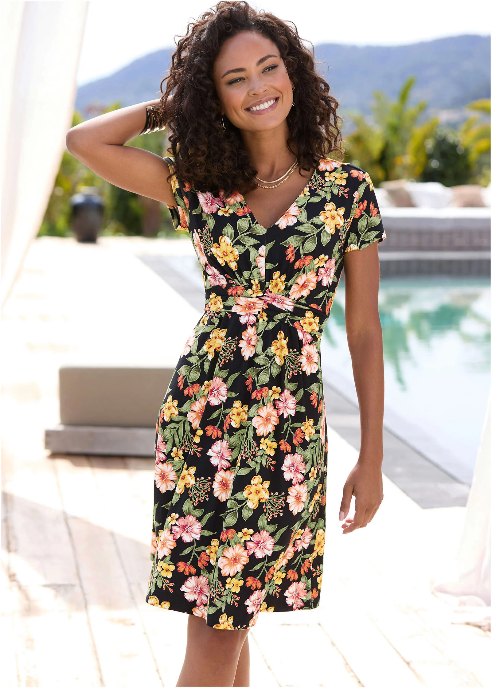 Printed Waist Detail Dress - Black Multi