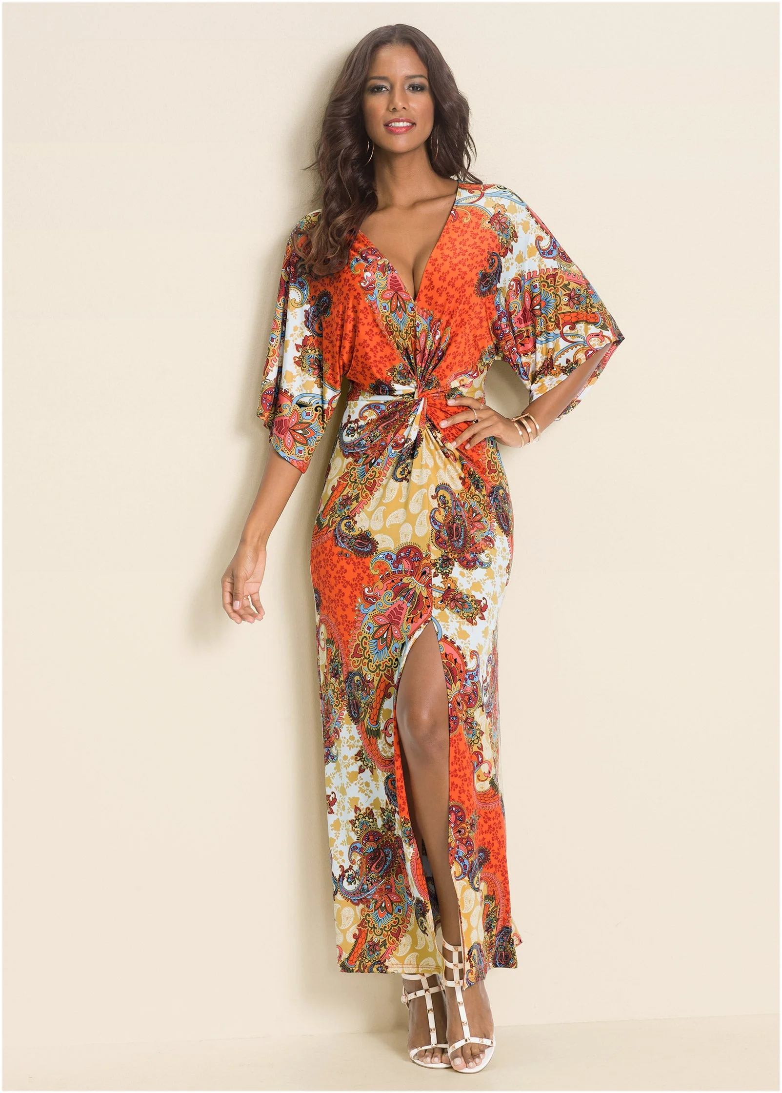 Twist Front Maxi Dress - Orange Multi - Image 2