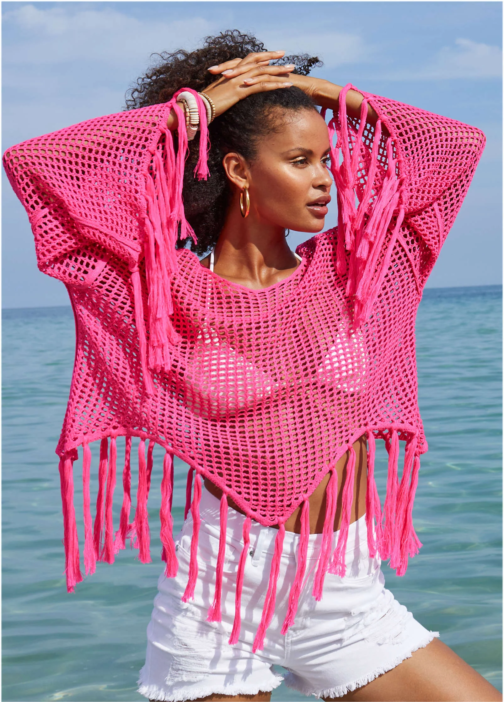 Fringe Crochet Cover-Up - Hot Pink