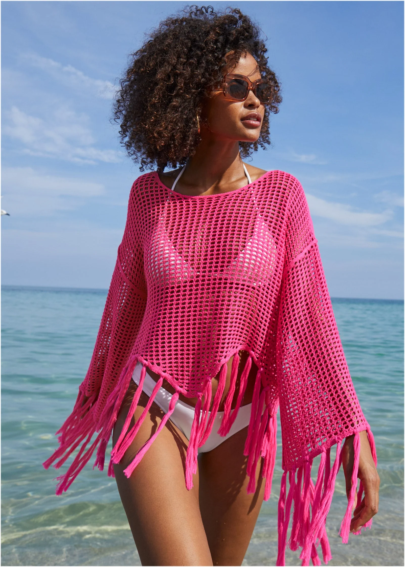 Fringe Crochet Cover-Up - Hot Pink - Image 2