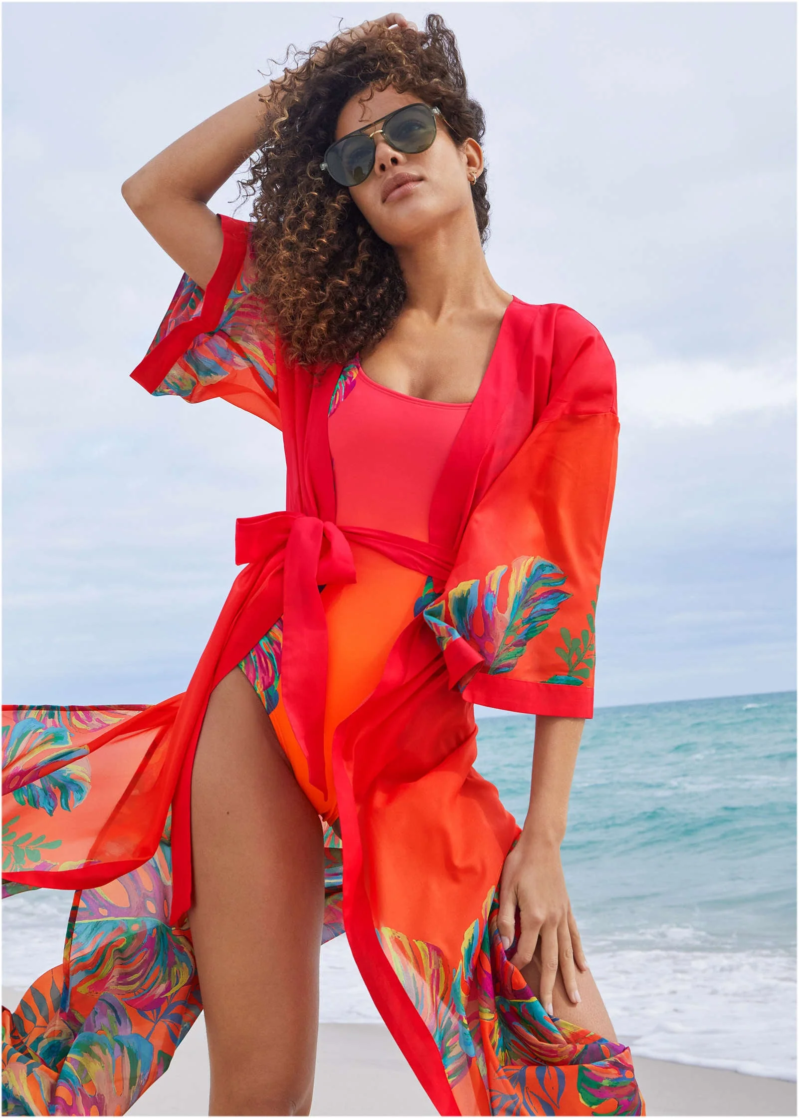 Belted Kimono Cover-Up - Tropical Sunset Border - Image 5