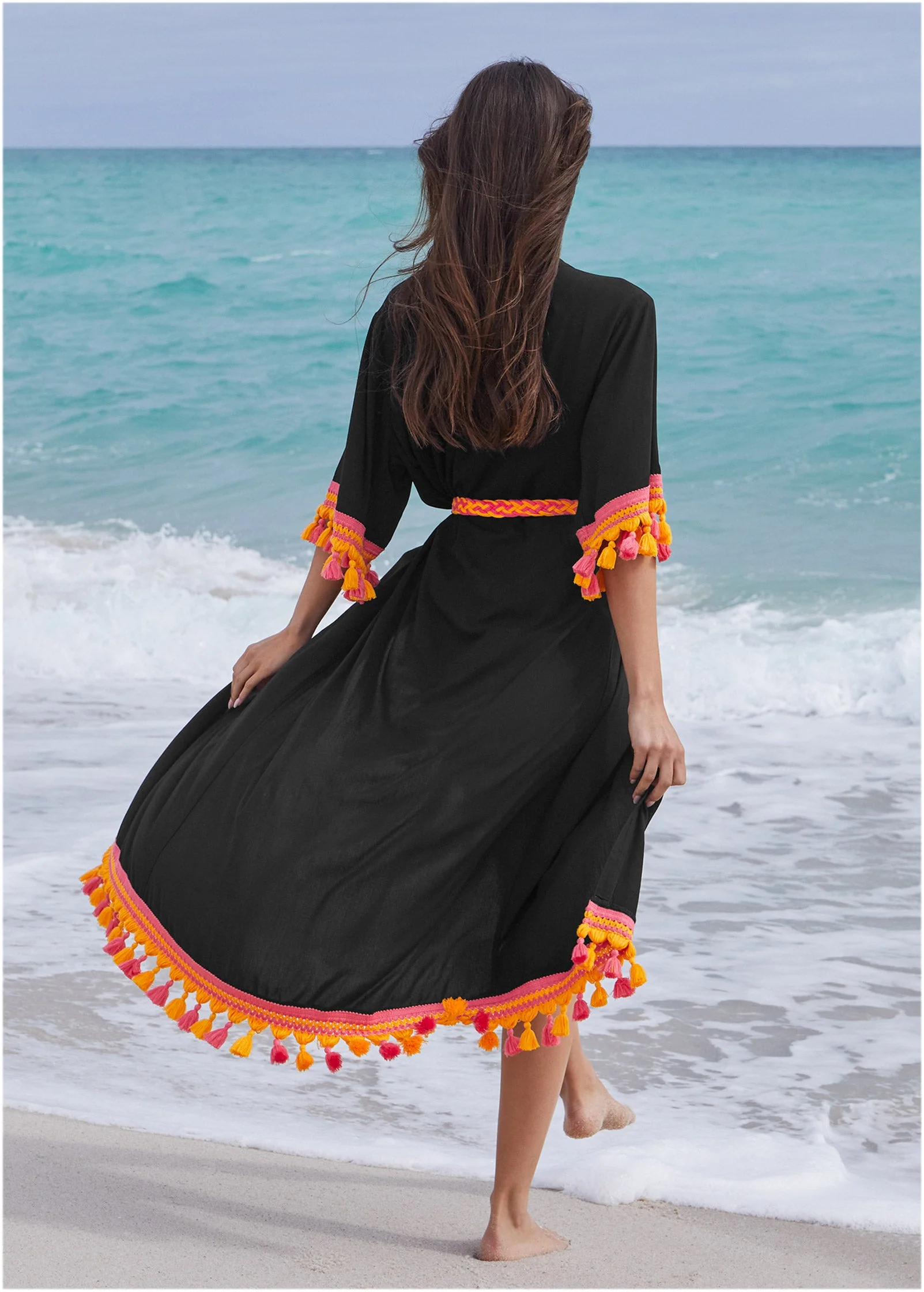 Colorful Crochet Kimono - Jet Black - Image 3