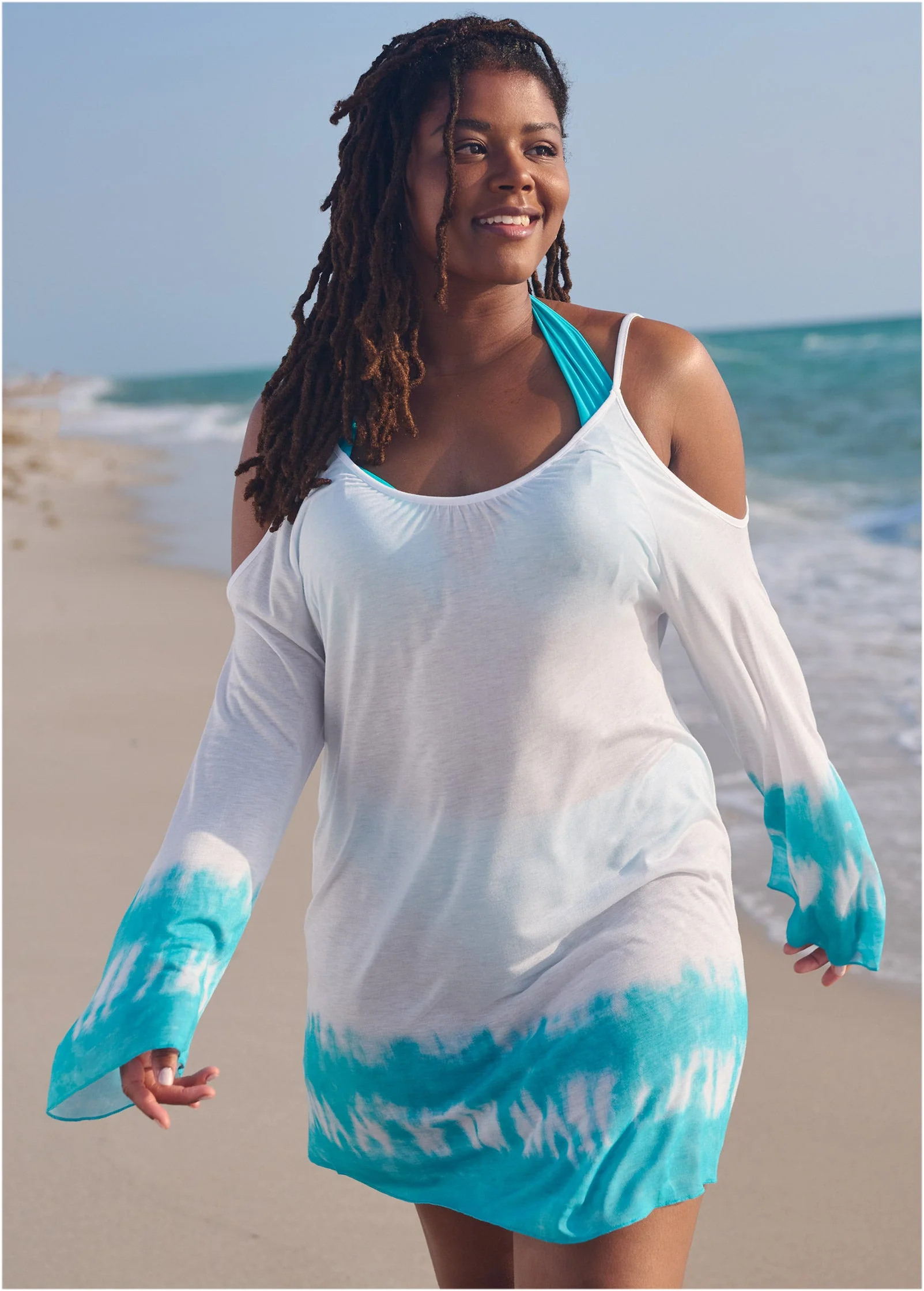 Cold Shoulder Cover-Up - Aqua & White - Image 4