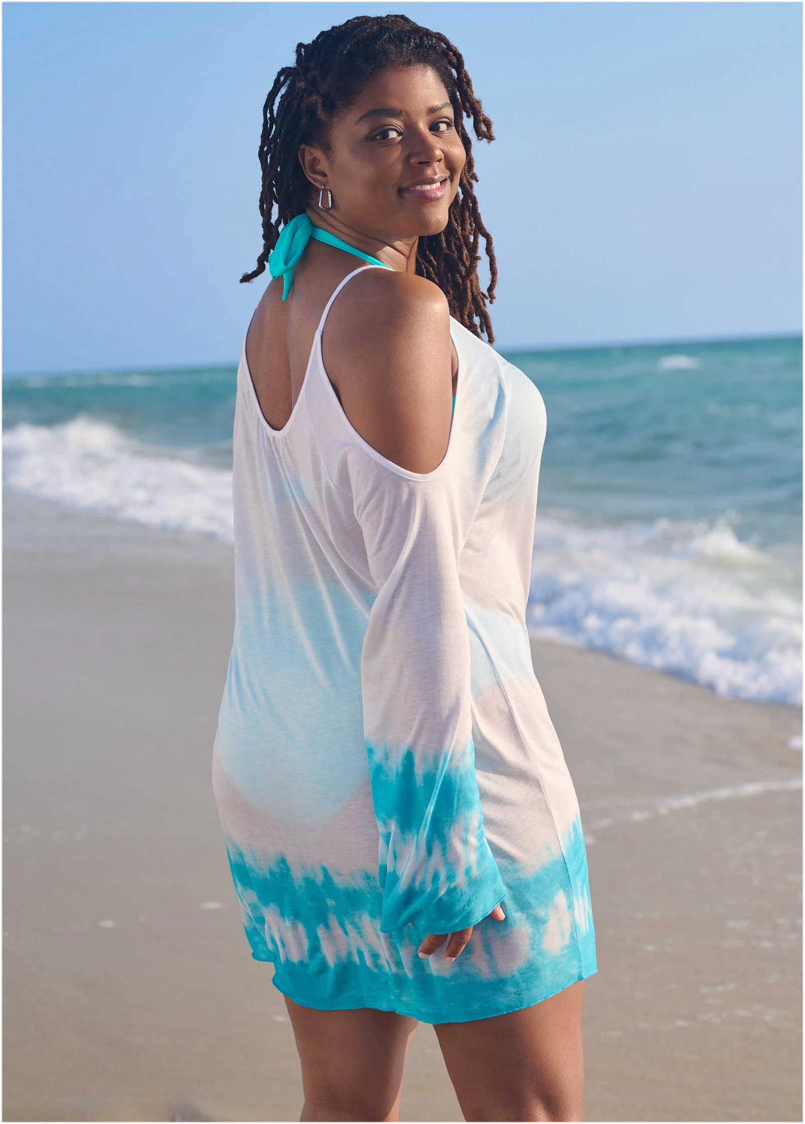 Cold Shoulder Cover-Up - Aqua & White - Image 5