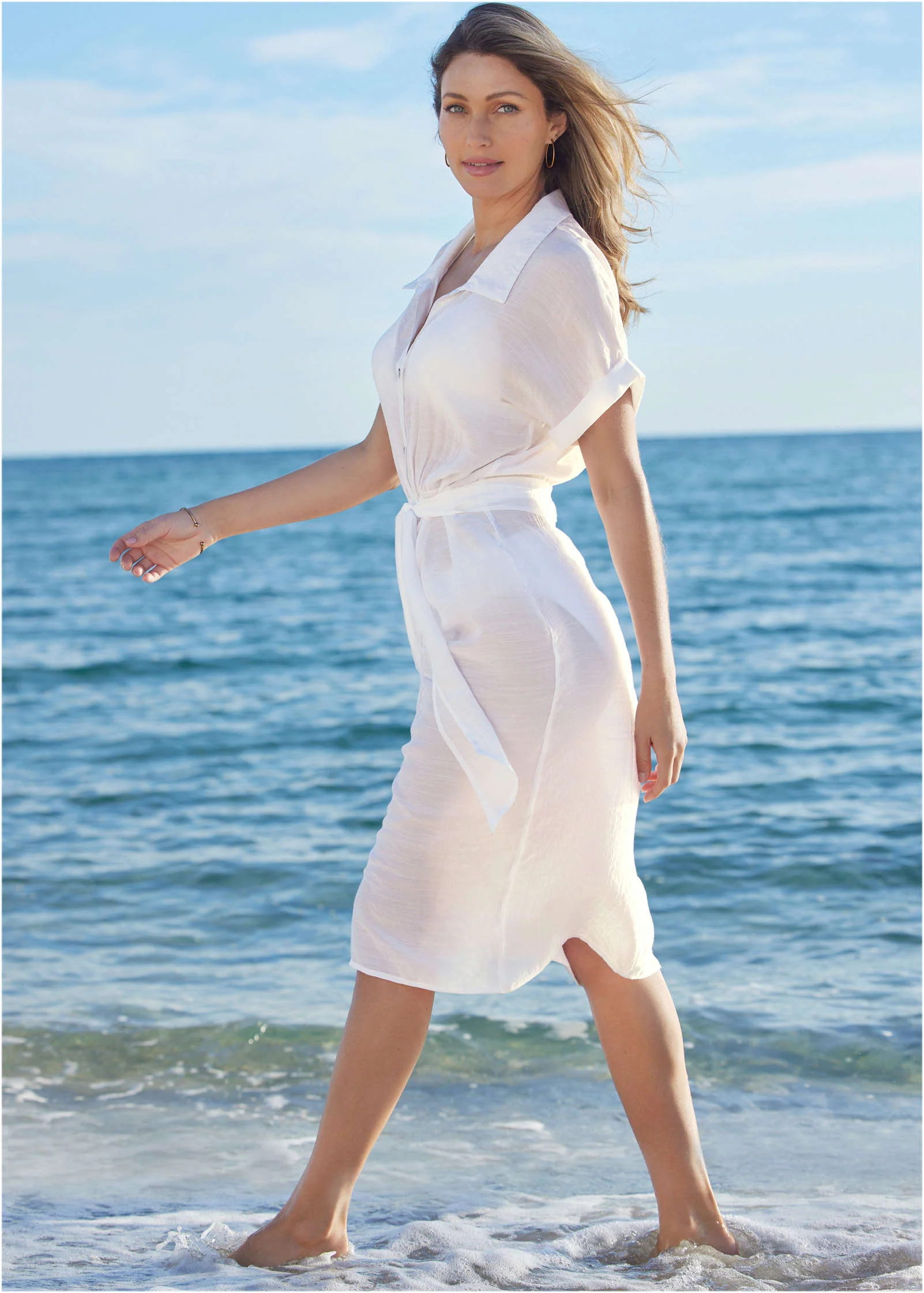 Button Down Dress Cover-Up - Pearl White - Image 3