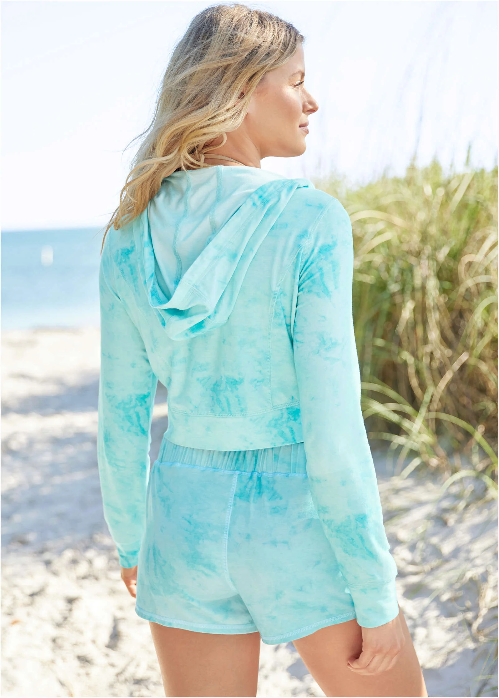 Zip-Front Ruched Hoodie - Aqua Reef & Pearl White - Image 2