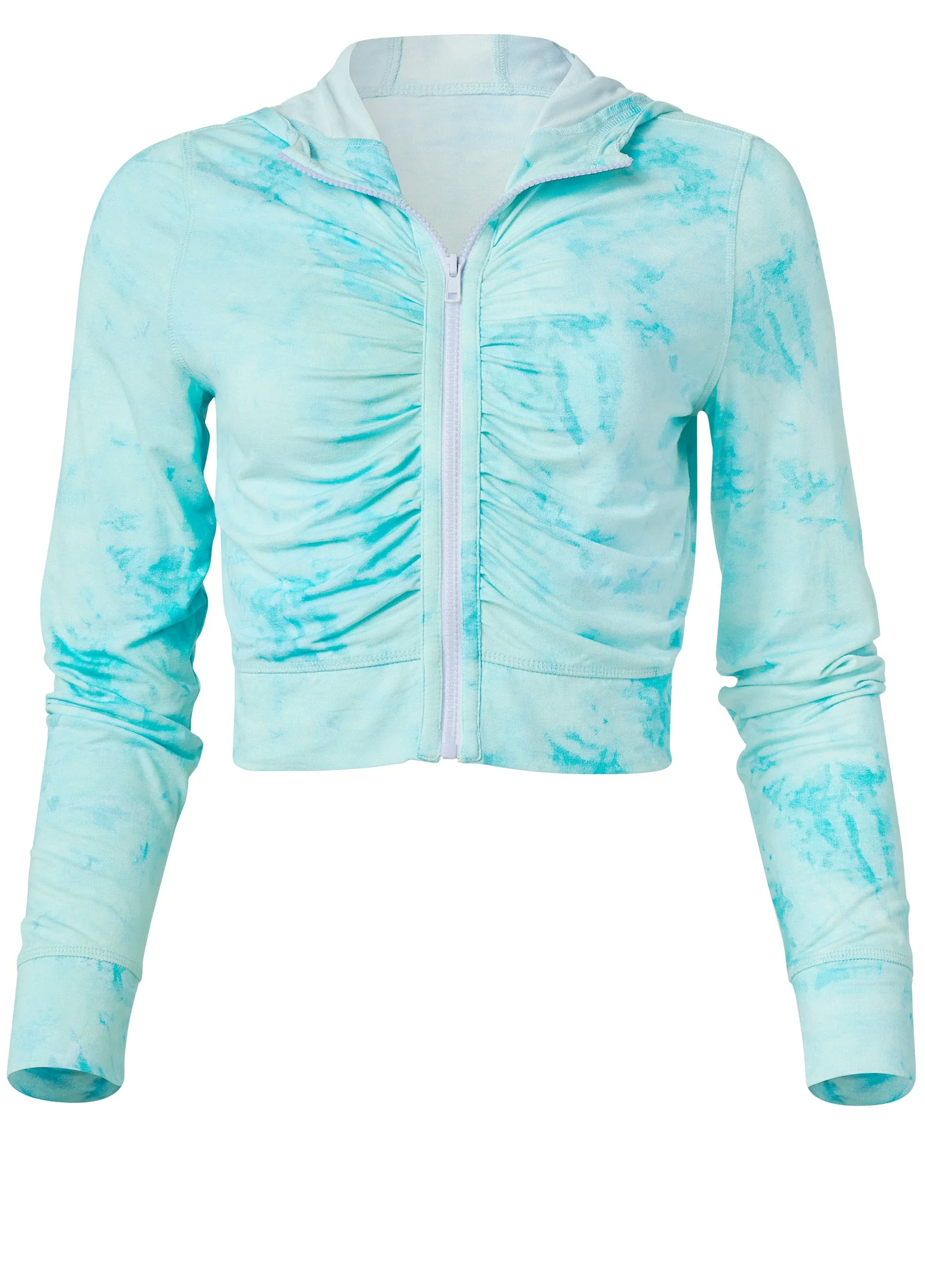 Zip-Front Ruched Hoodie - Aqua Reef & Pearl White - Image 5