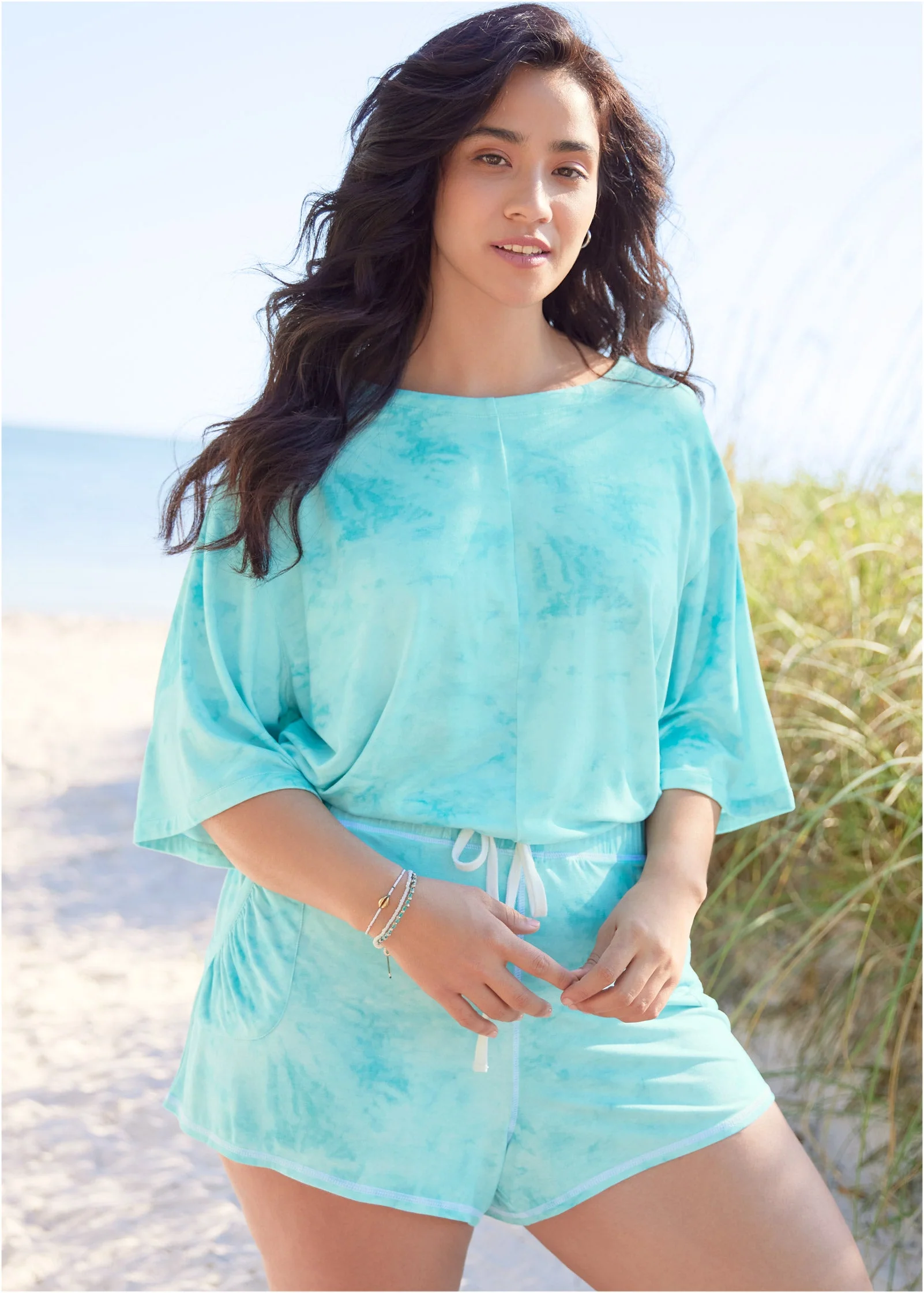 Short Sleeve Cover-Up - Aqua Reef & Pearl White - Image 4