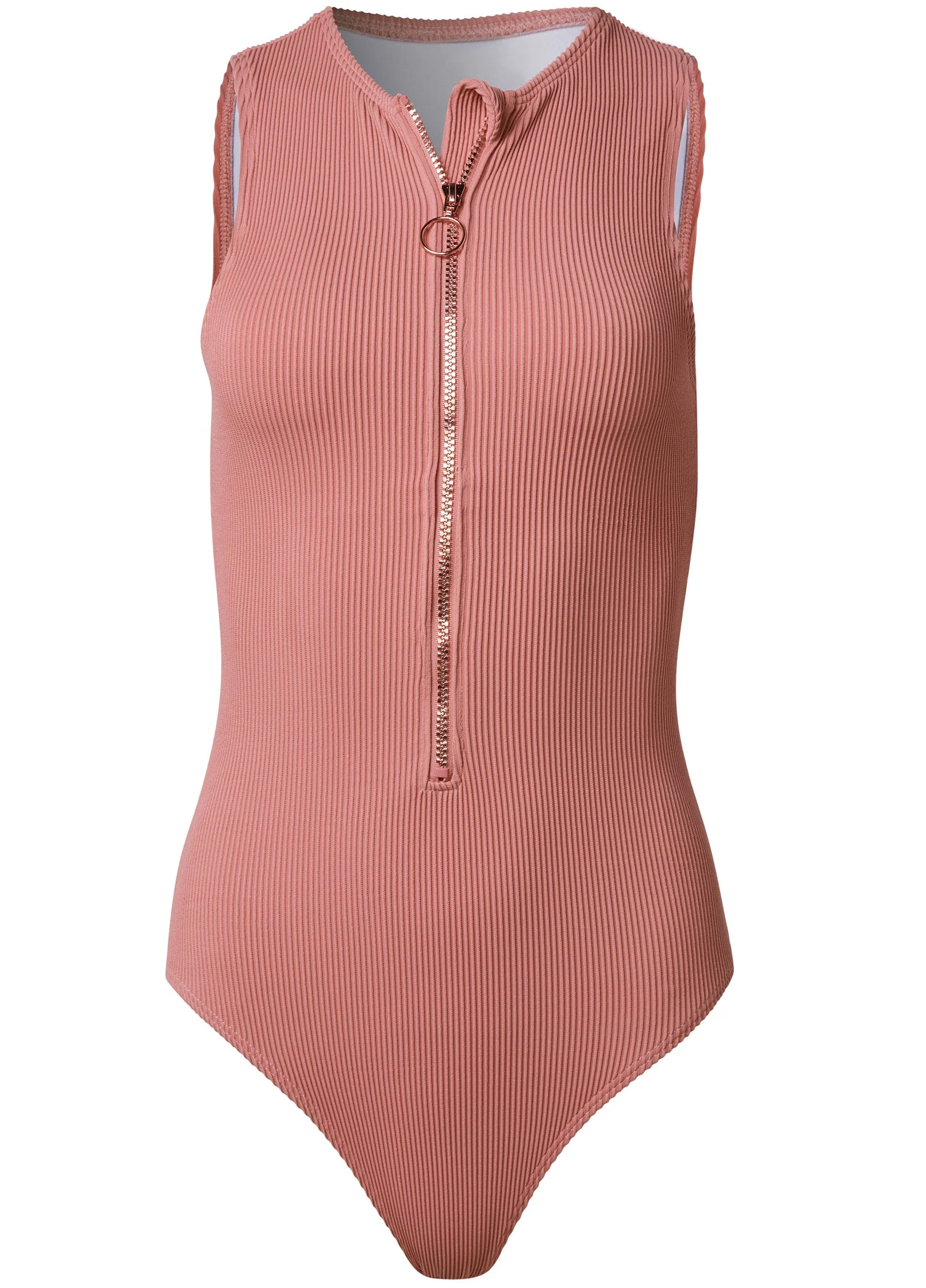 Zip Front Ribbed One-Piece - Pink Rosette - Image 3