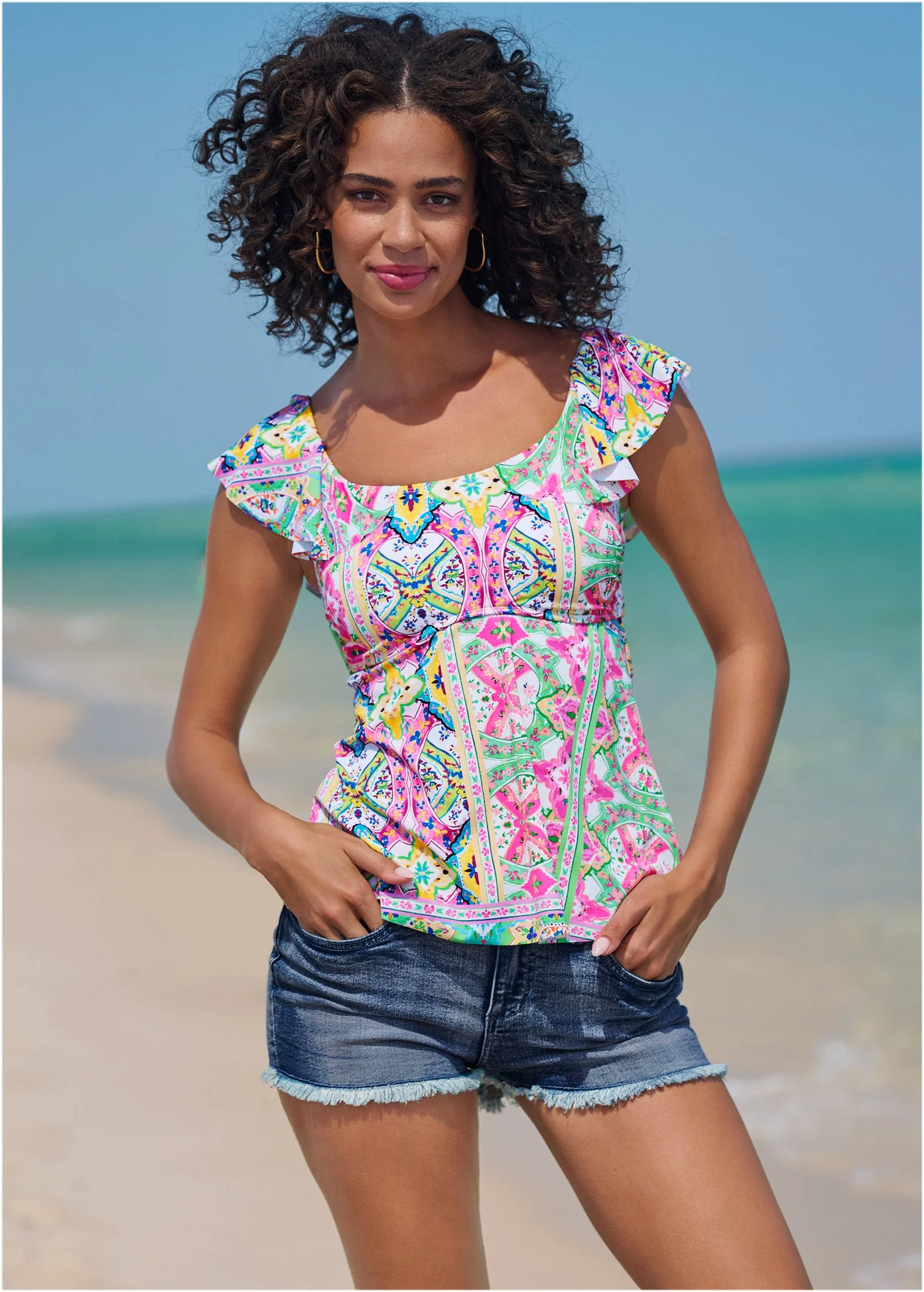 Flutter Sleeve Tankini Top - Beach Art - Image 4