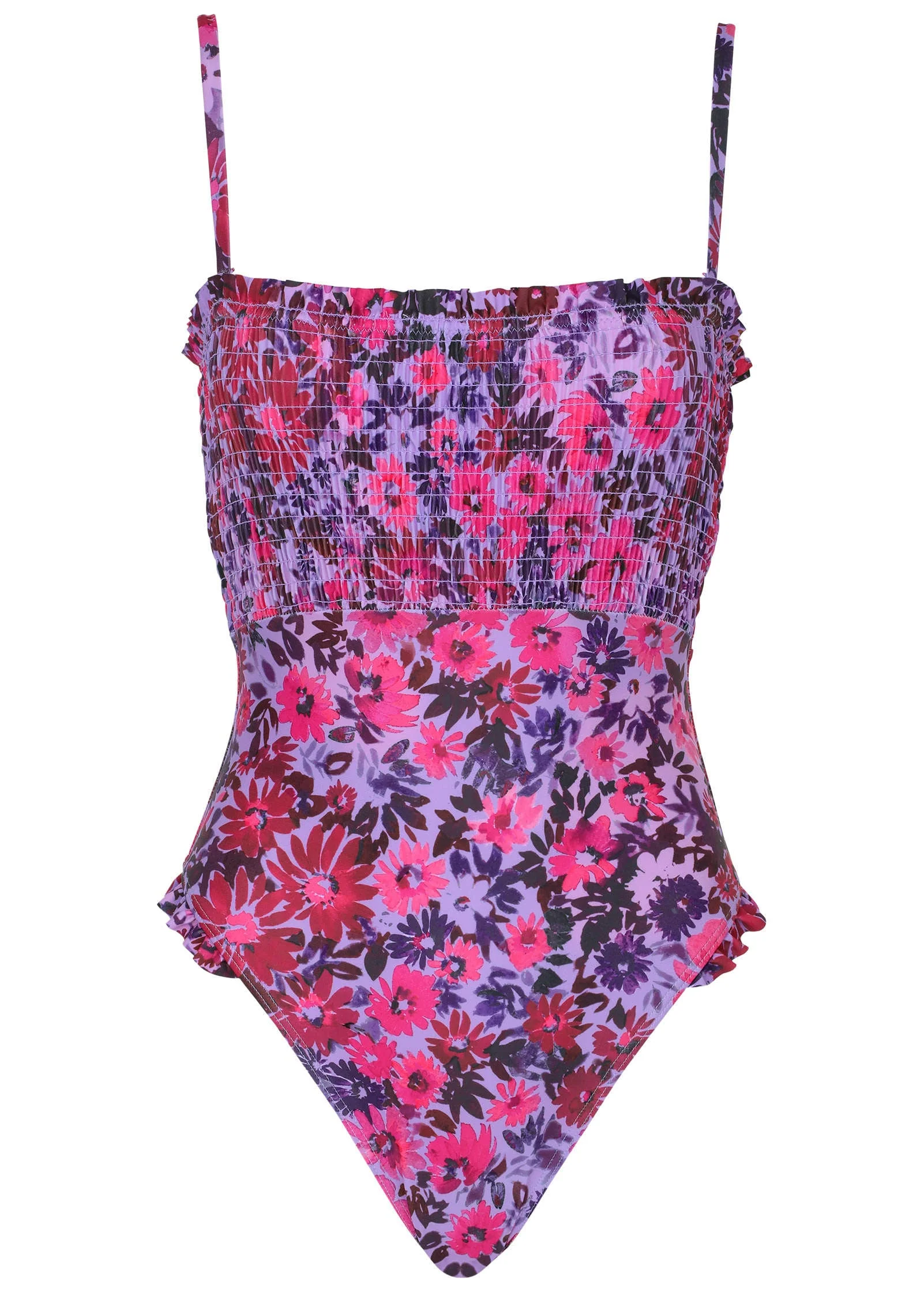 Smocked One-Piece Swimsuit - Ditsy Pink Purple - Image 4
