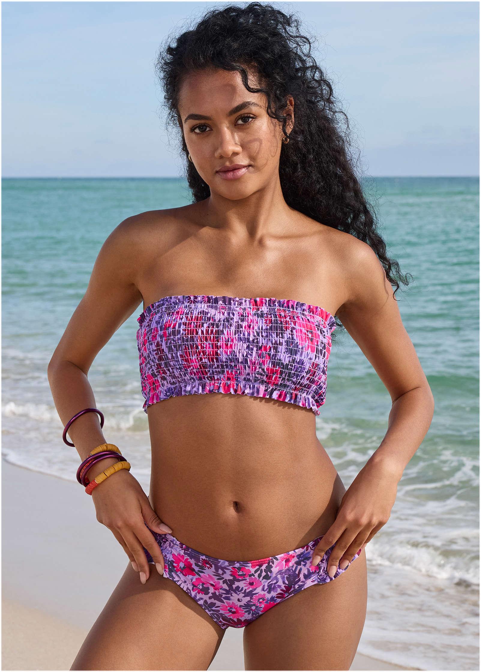 Smocked Bandeau Bikini Top - Ditsy Pink Purple