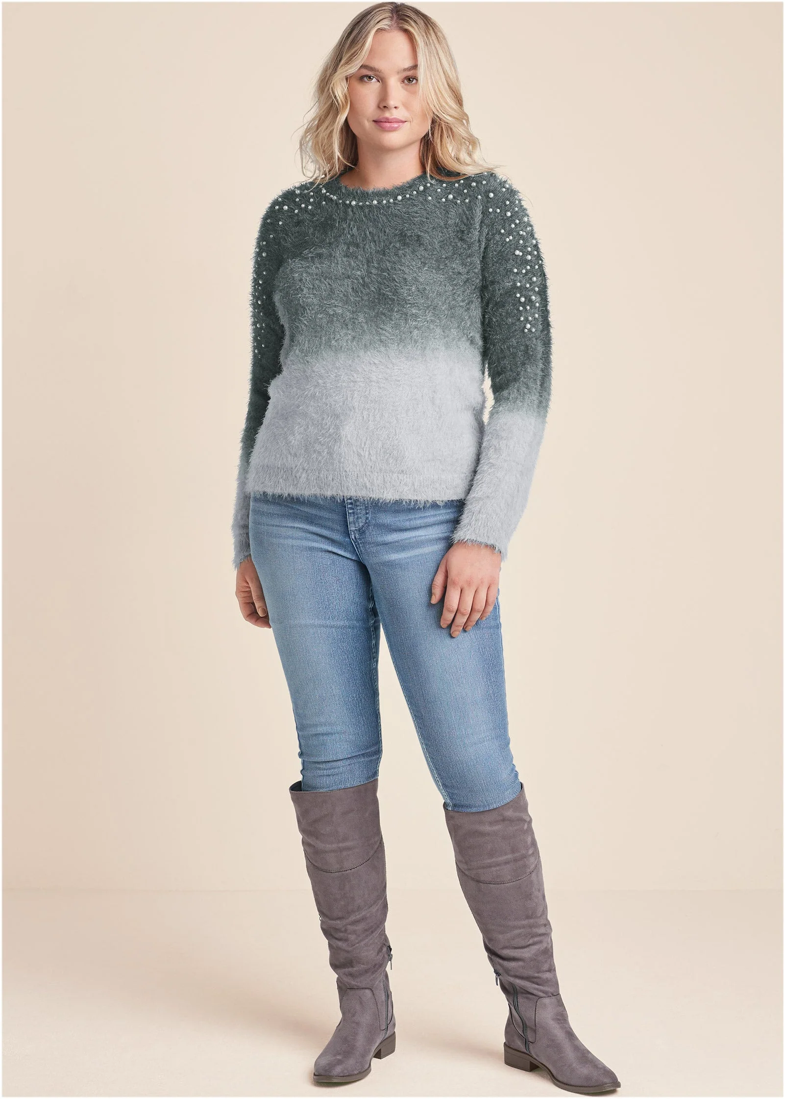 Cozy Pearl Trim Sweater - Grey Multi - Image 10