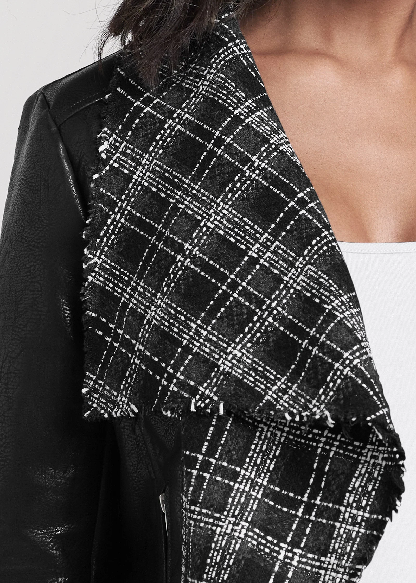Faux Leather Tweed Jacket - Black Multi - Image 4