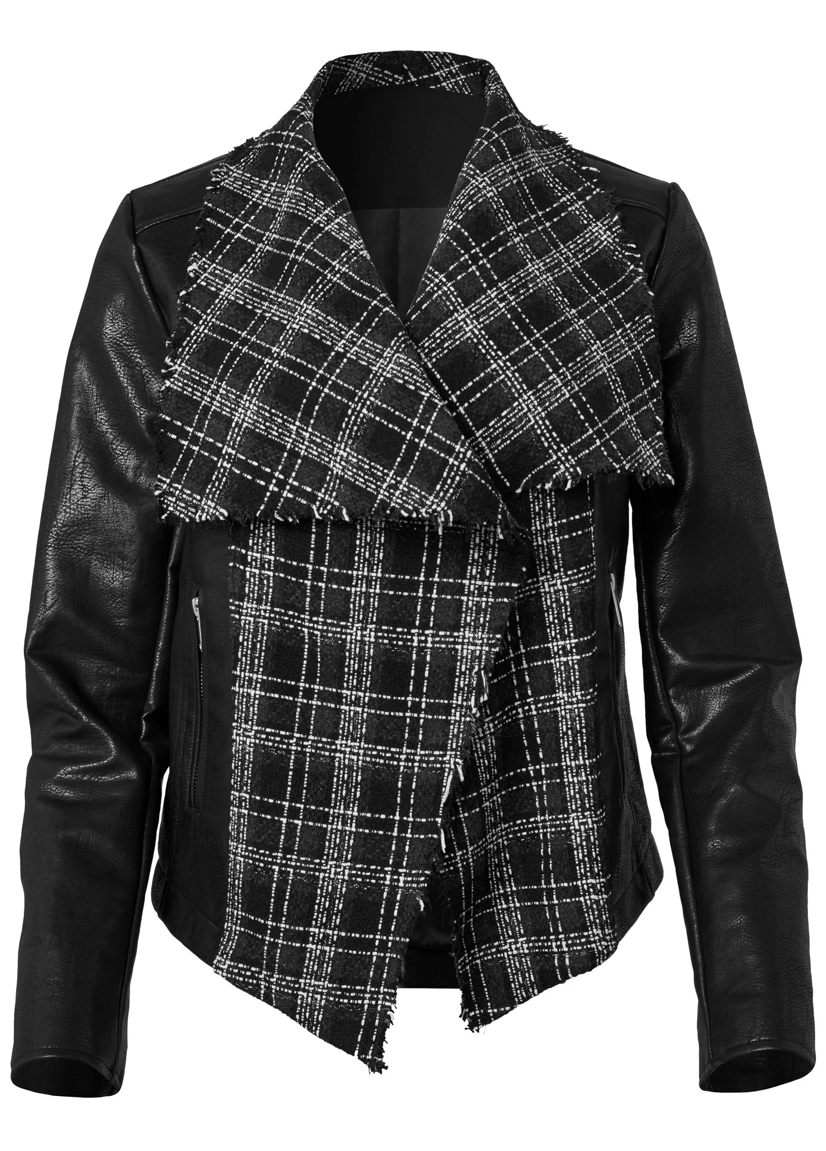 Faux Leather Tweed Jacket - Black Multi - Image 6