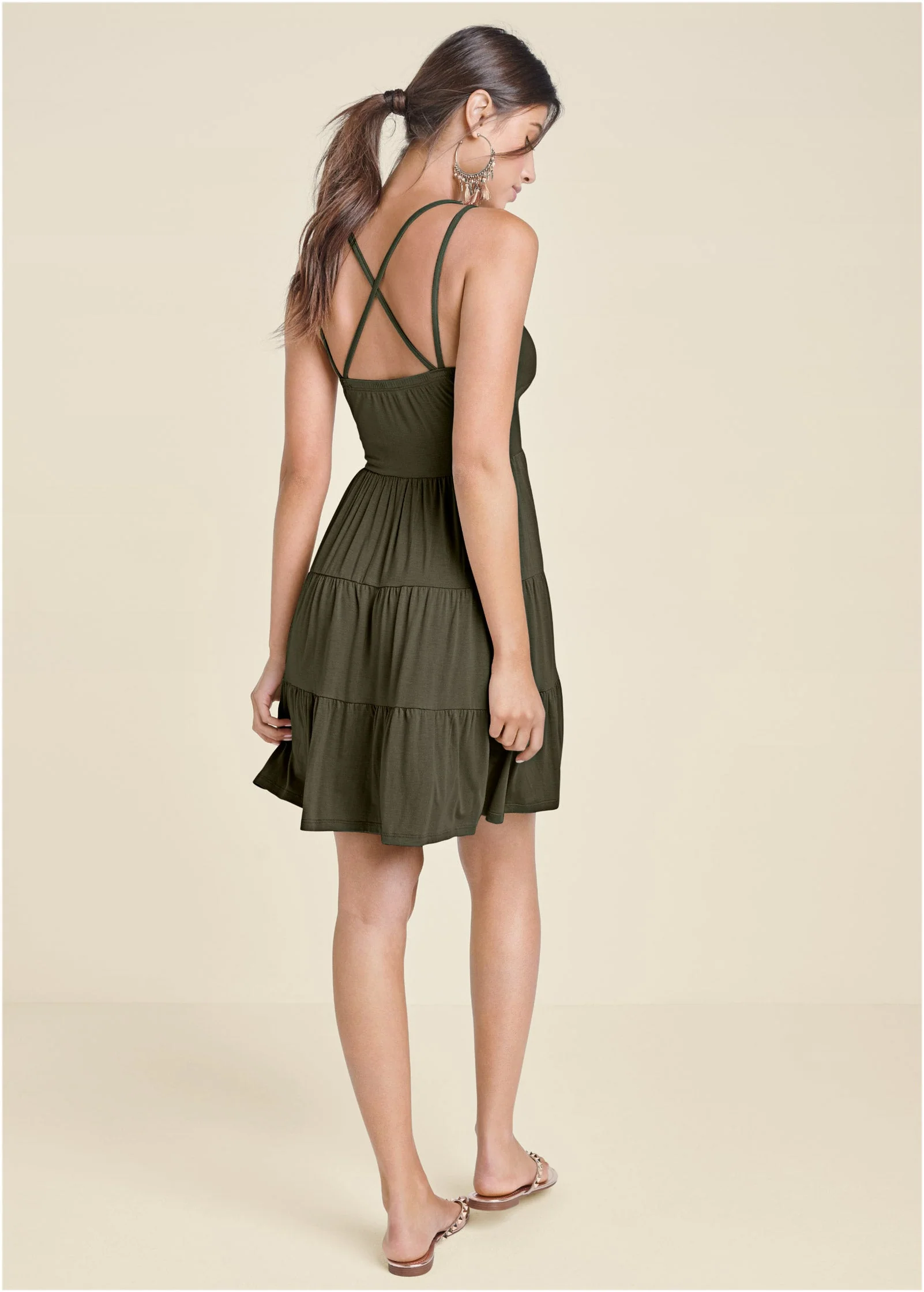 Tiered Strappy Mini Dress - Olive - Image 3