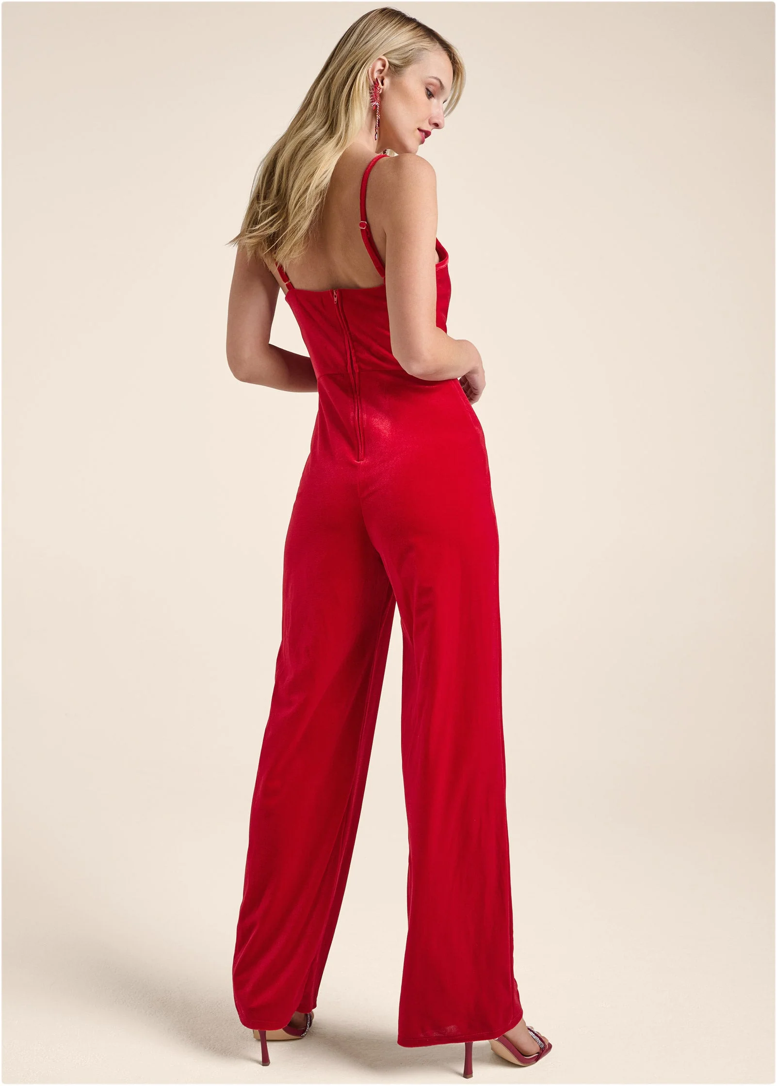 Velvet Cowl-Neck Jumpsuit - Red - Image 2