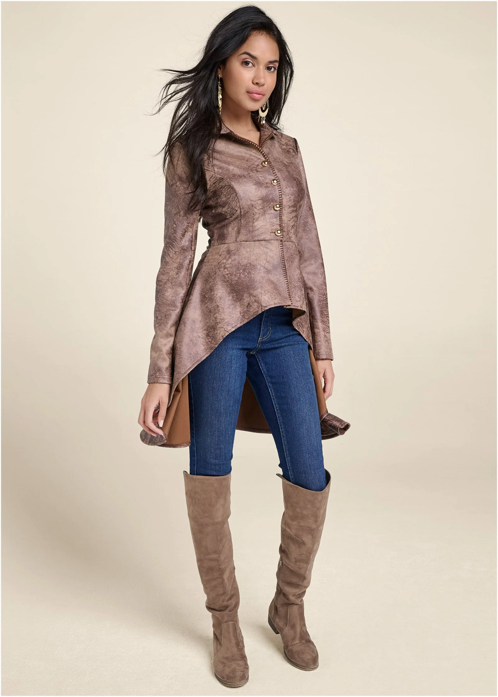 Distressed Faux Suede Scuba Hi Low Jacket - Brown Multi - Image 2