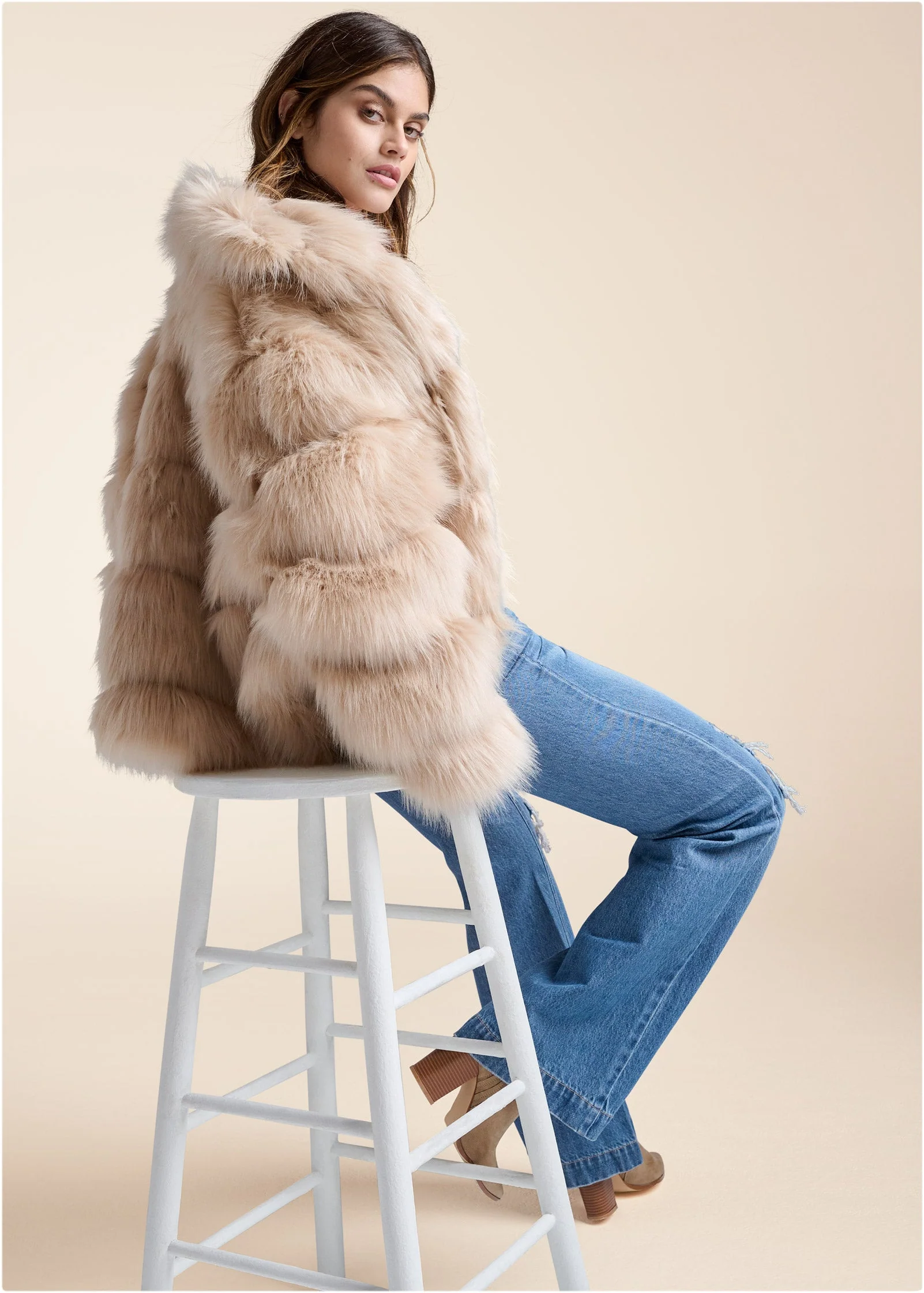Luxe Tiered Faux Fur Coat - Light Brown - Image 2