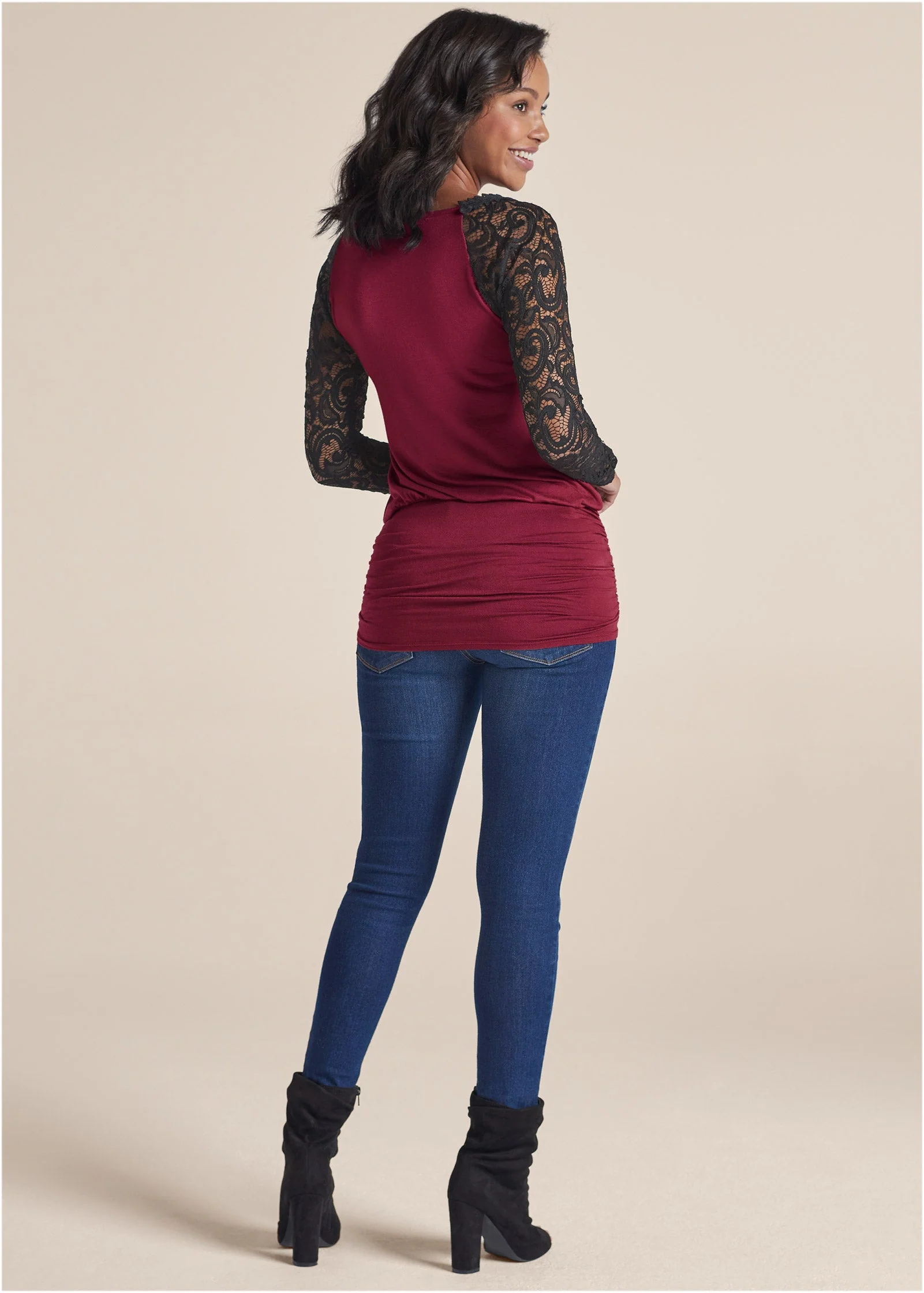 Lace Detail Ruched Top - Wine Multi - Image 3