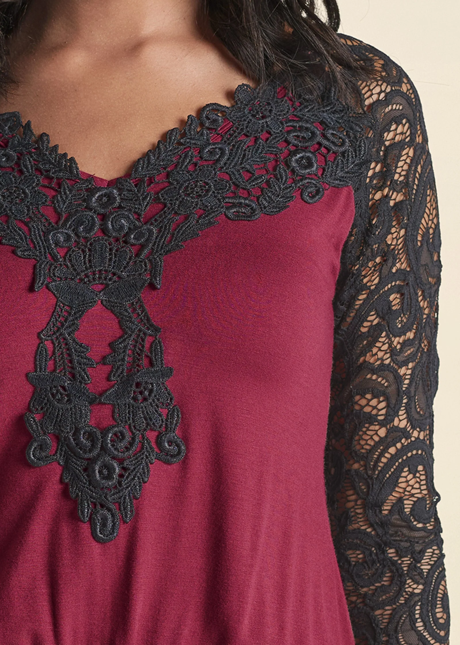 Lace Detail Ruched Top - Wine Multi - Image 4